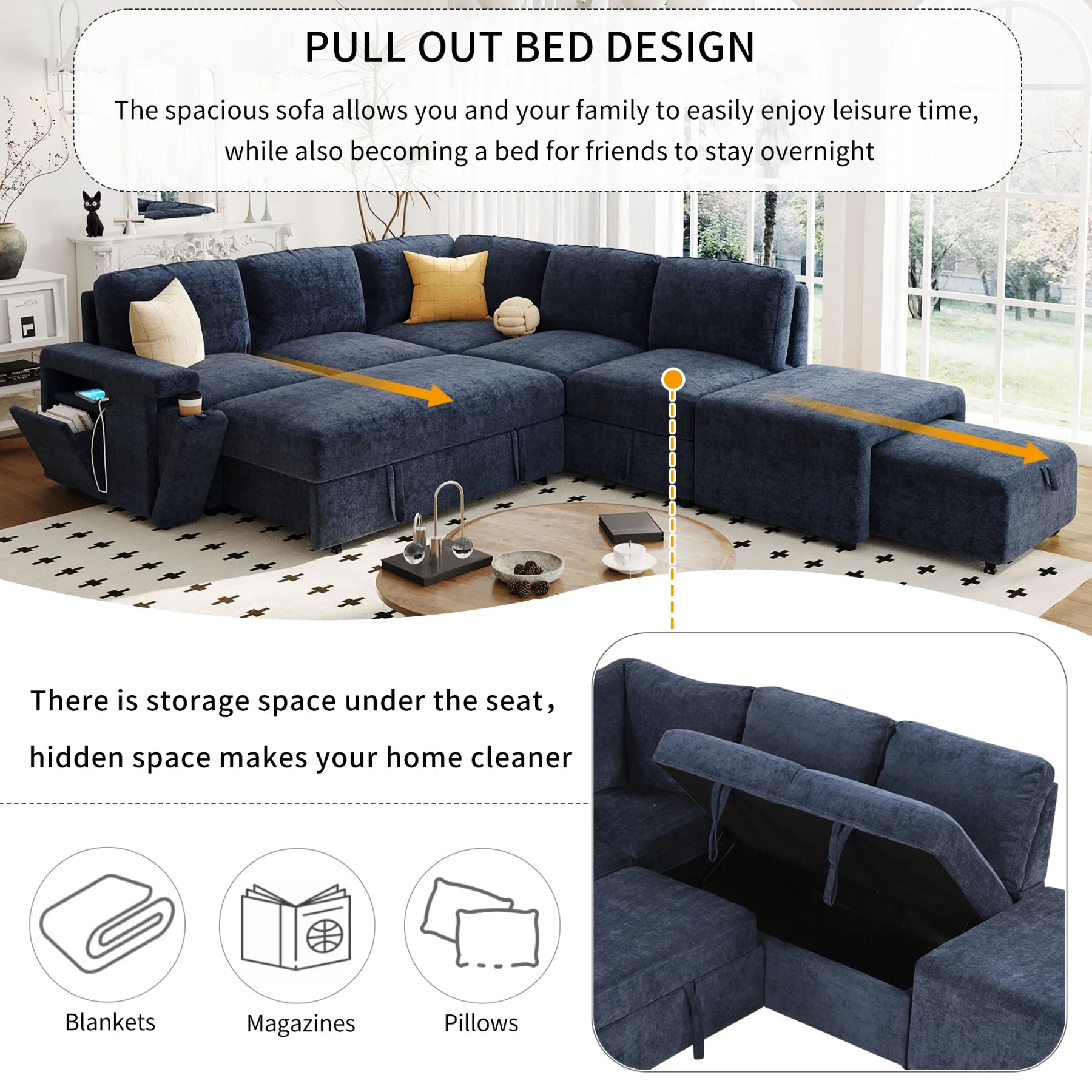 Sleeper Sectional, Sofa L Shape, Couch with Ottoman and Storage, Blue