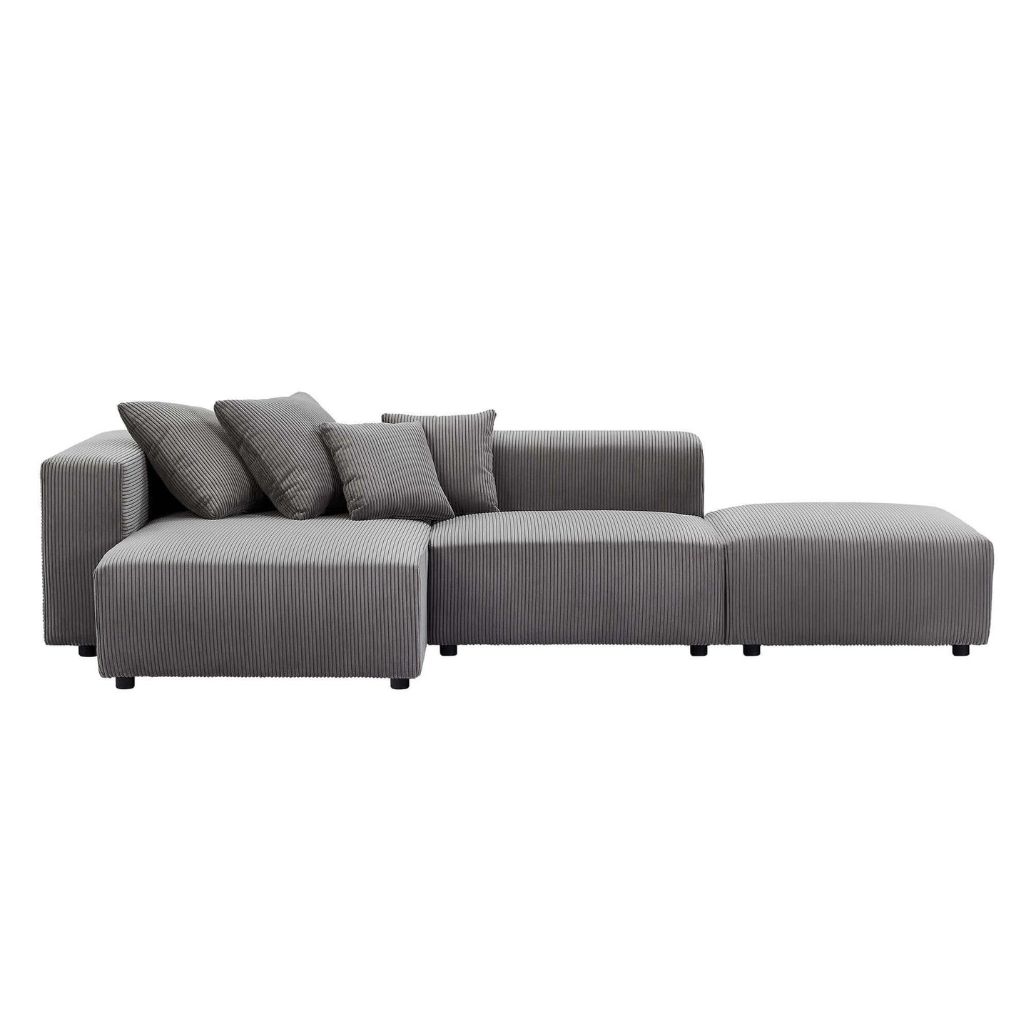Corduroy Couch, Sofa with Chaise Lounge, 3 Piece - Gray