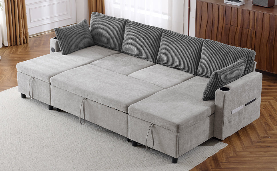 Corduroy Couch with Chaise Sleeper, Sectional Sofa Pull-Out, Grey