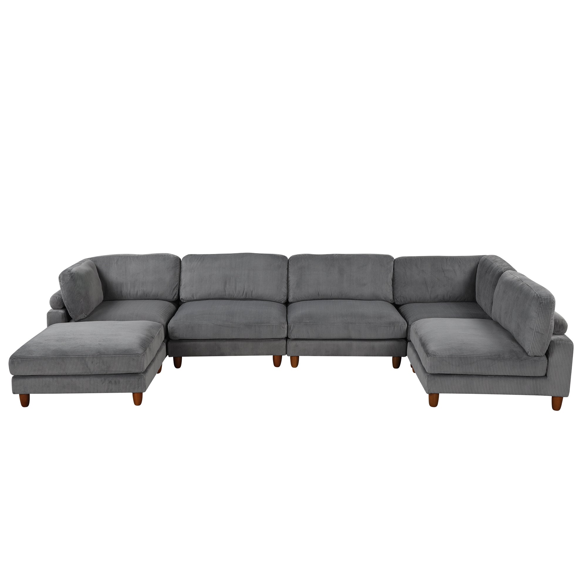Large U-Shaped Sectional, Corduroy Couch with Ottoman, Gray