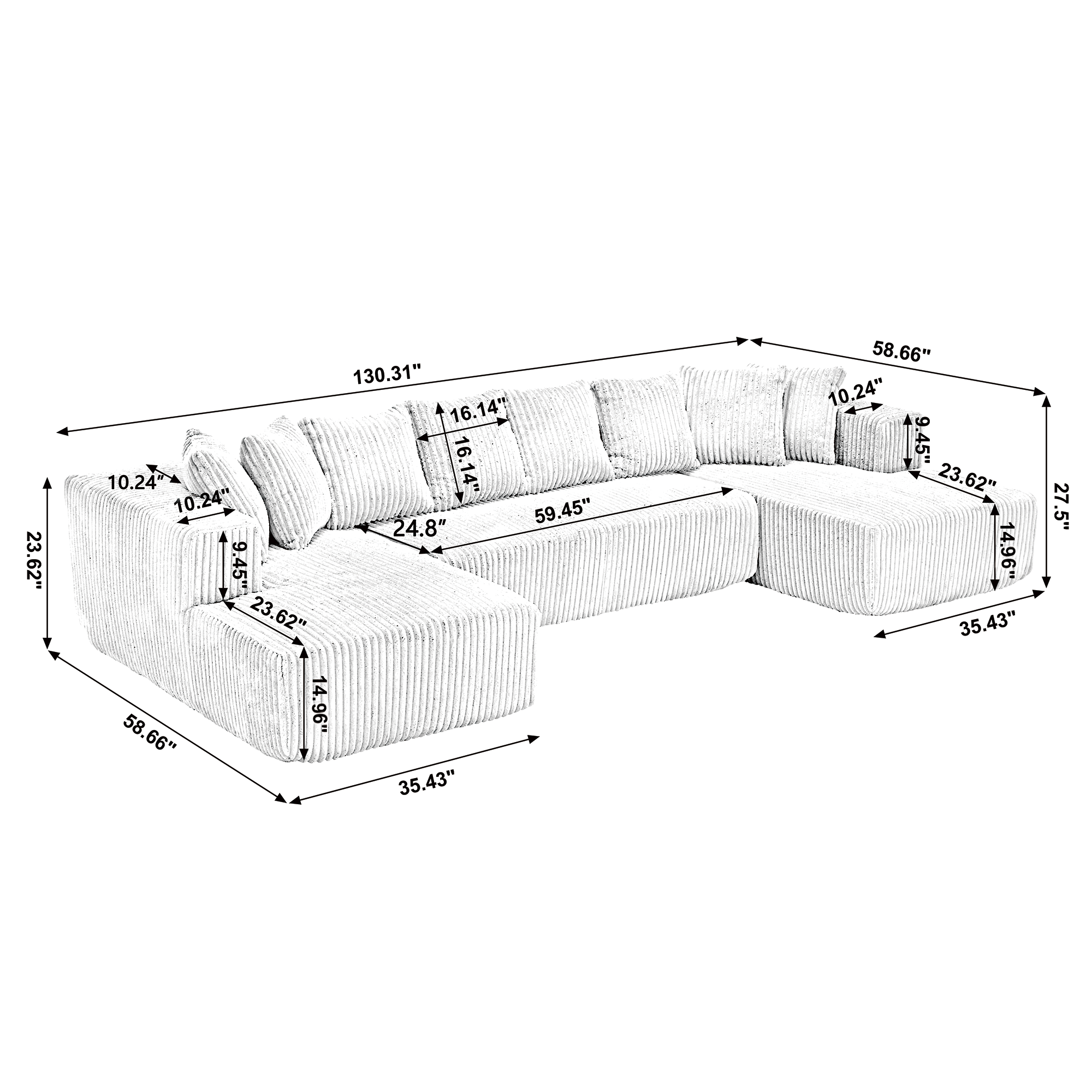 Modular U Shaped Sectional, Corduroy Couch with Double Chaise, White