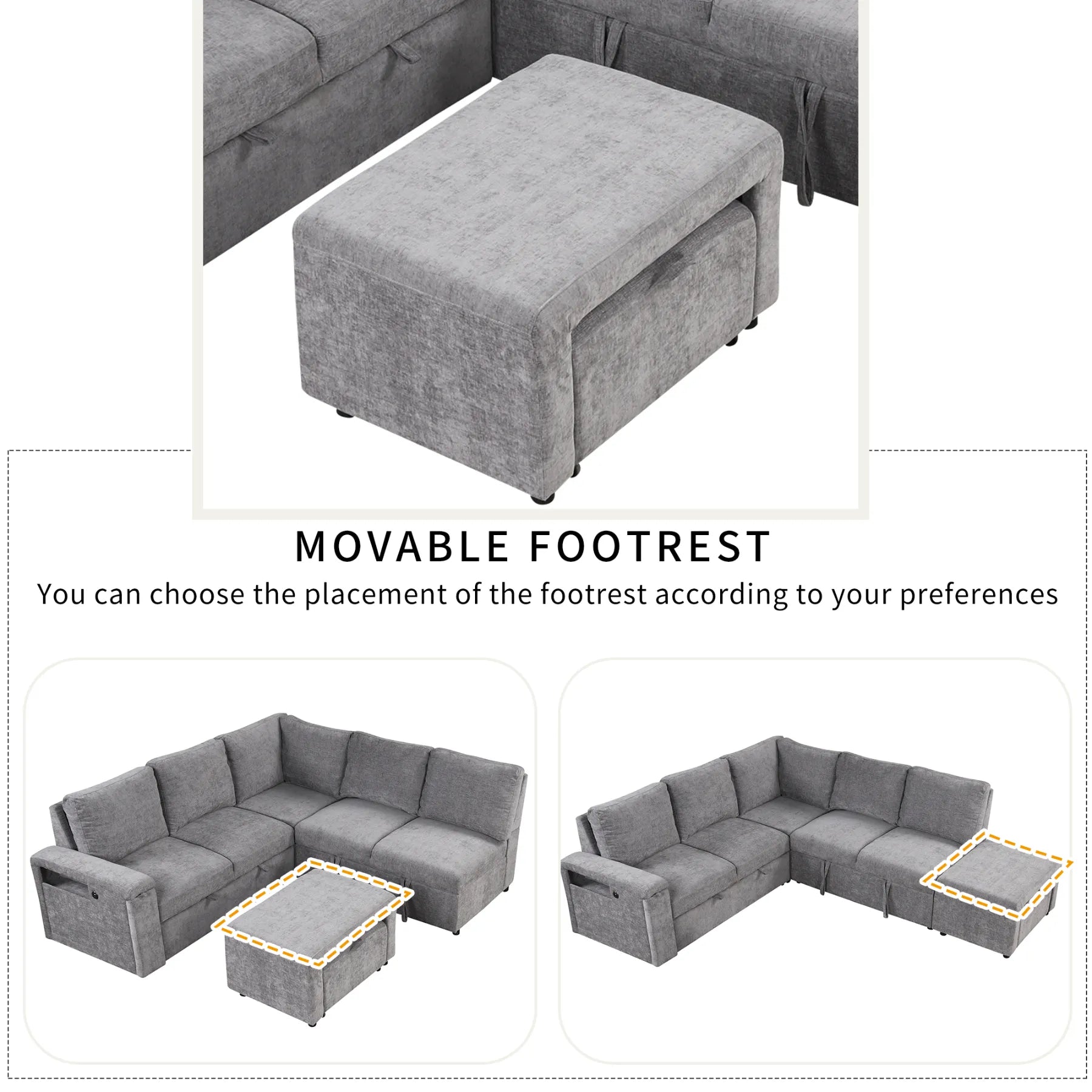 Sleeper Sectional, Sofa L Shape, Couch with Ottoman and Storage, Gray