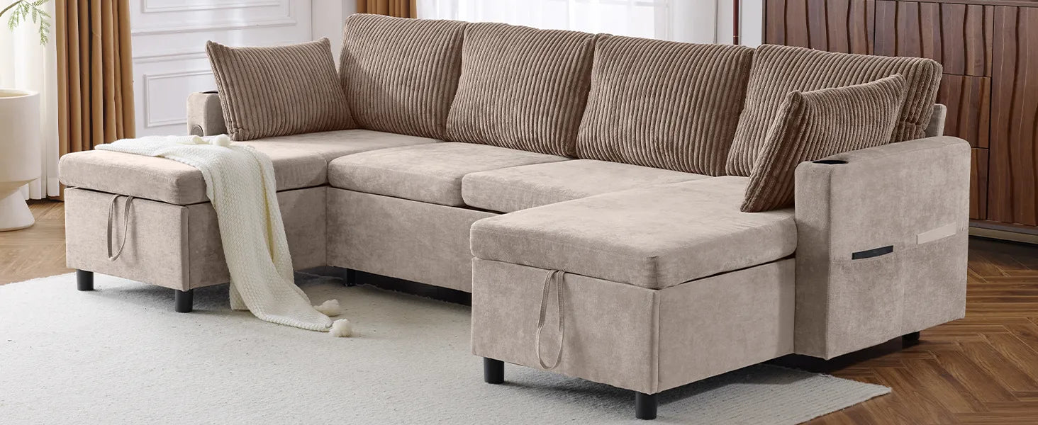 Corduroy Couch with Chaise Sleeper, Sectional Sofa Pull-Out, Brown