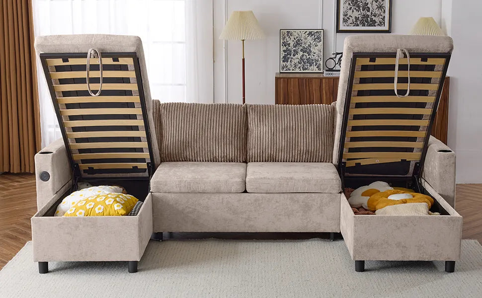 Corduroy Couch with Chaise Sleeper, Sectional Sofa Pull-Out, Brown