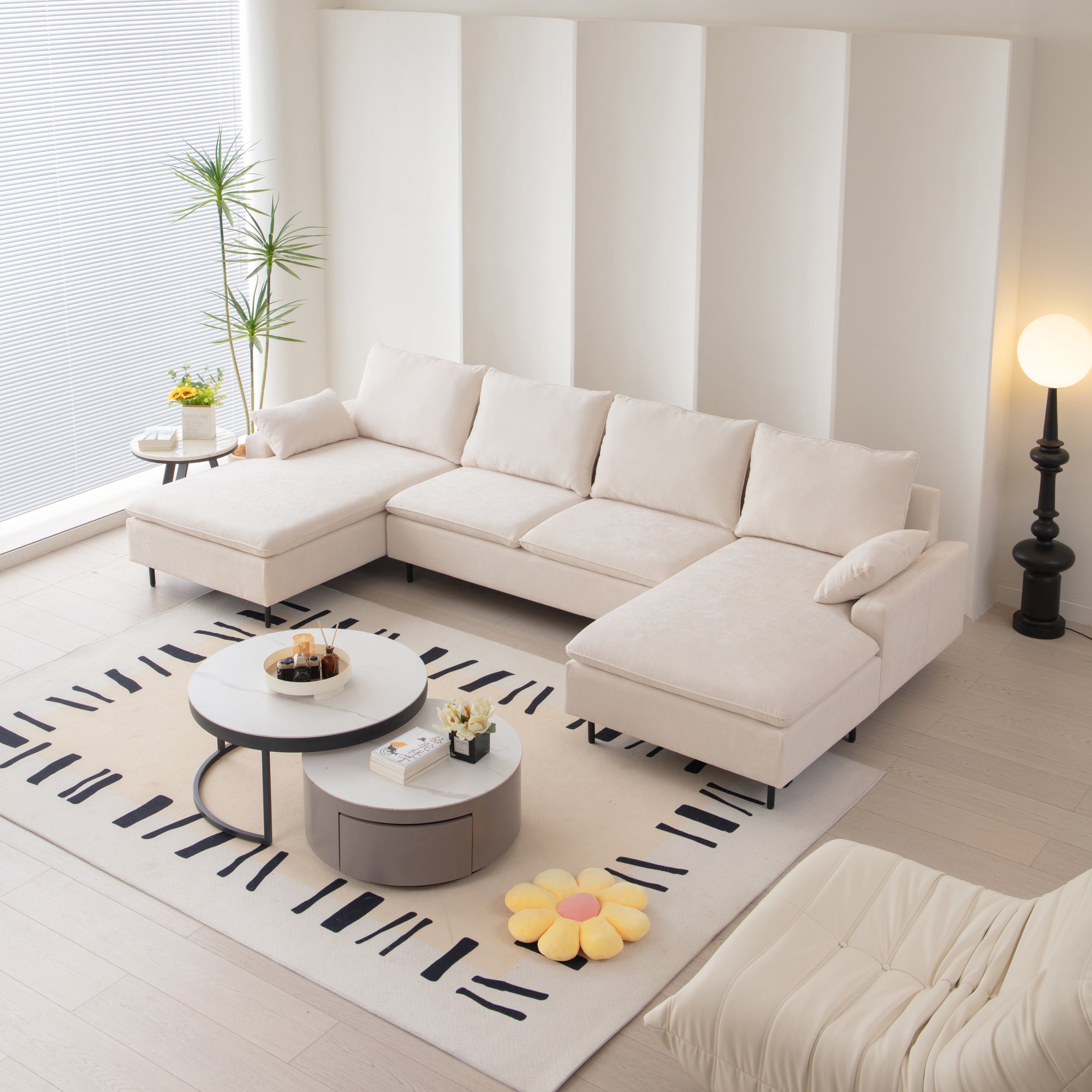 Modern U-Shaped Beige Sectional Sofa, Double Chaise Couch, Beige