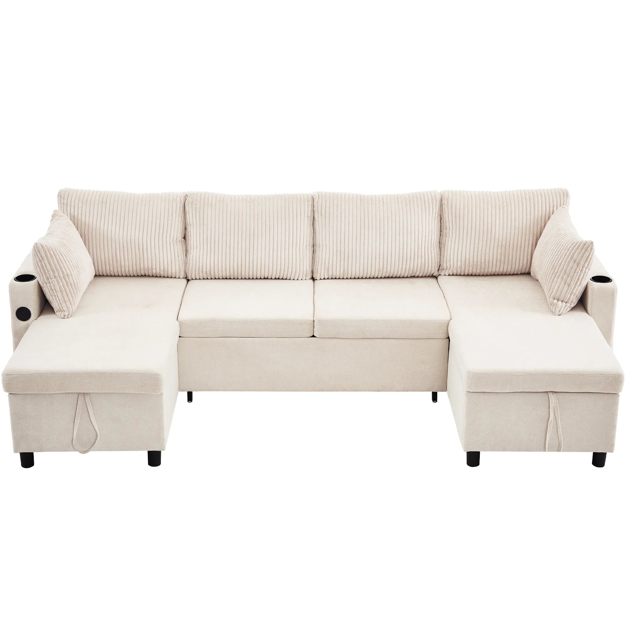 Corduroy Couch with Chaise Sleeper, Sectional Sofa Pull-Out, Beige