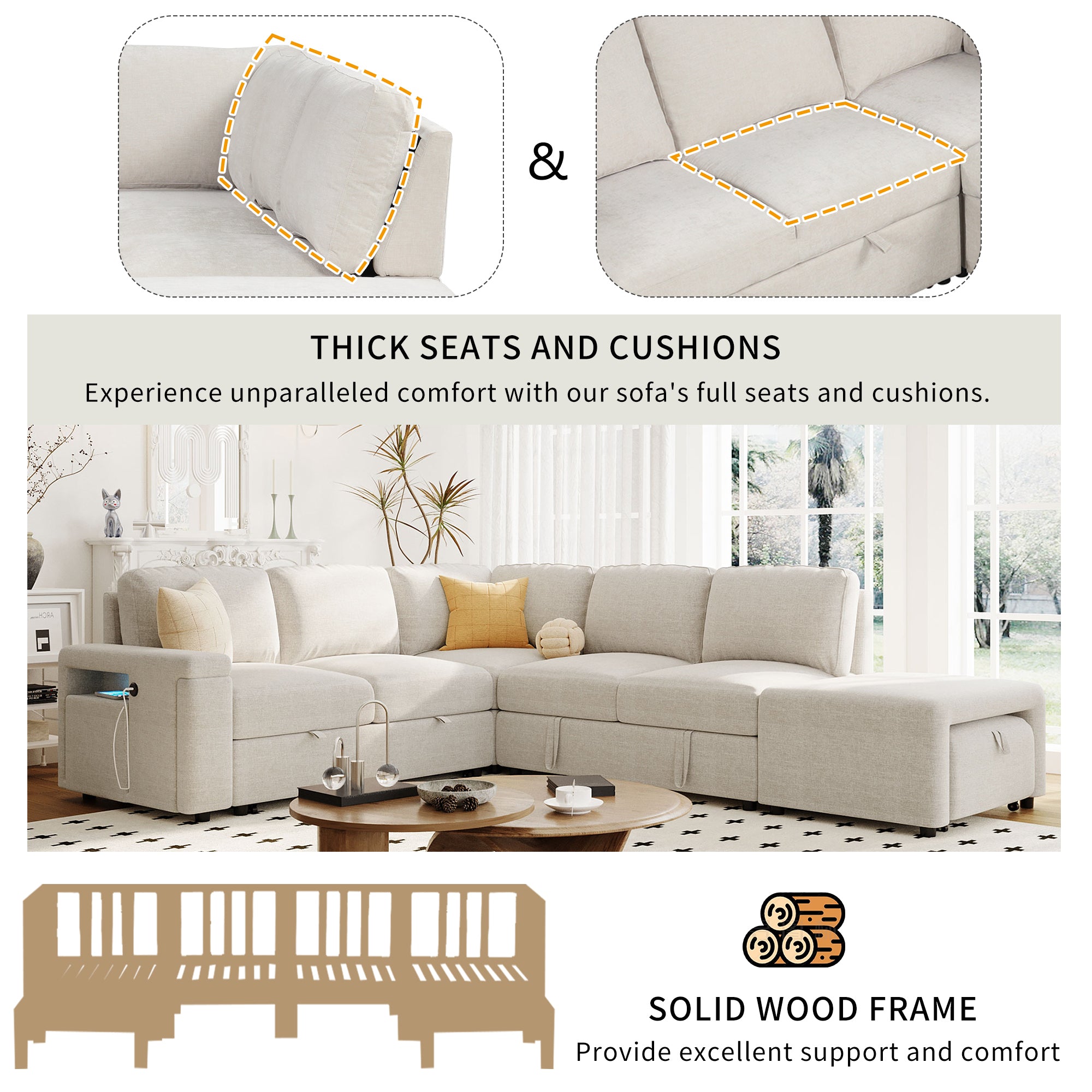 Sleeper Sectional, Sofa L Shape, Couch with Ottoman and Storage, Beige/Gray/Blue