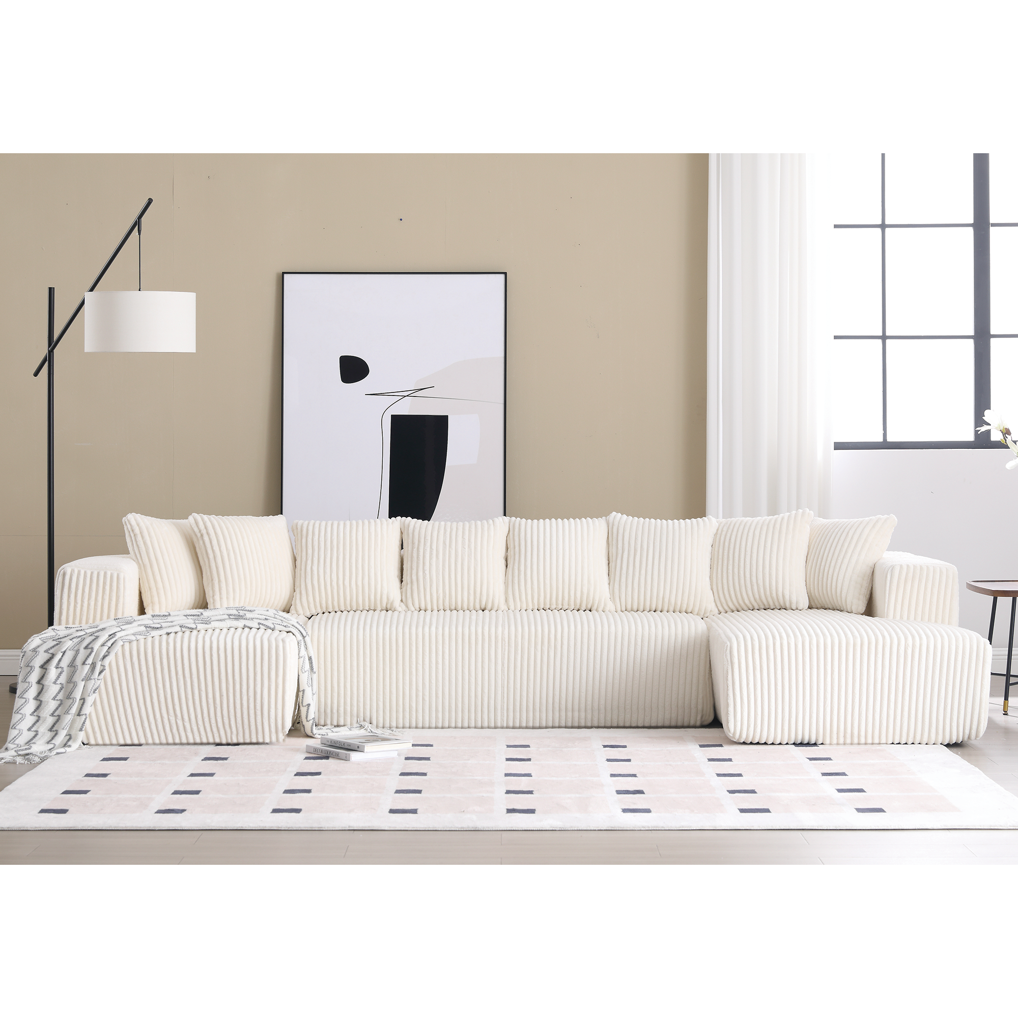 Modular U Shaped Sectional, Corduroy Couch with Double Chaise, White
