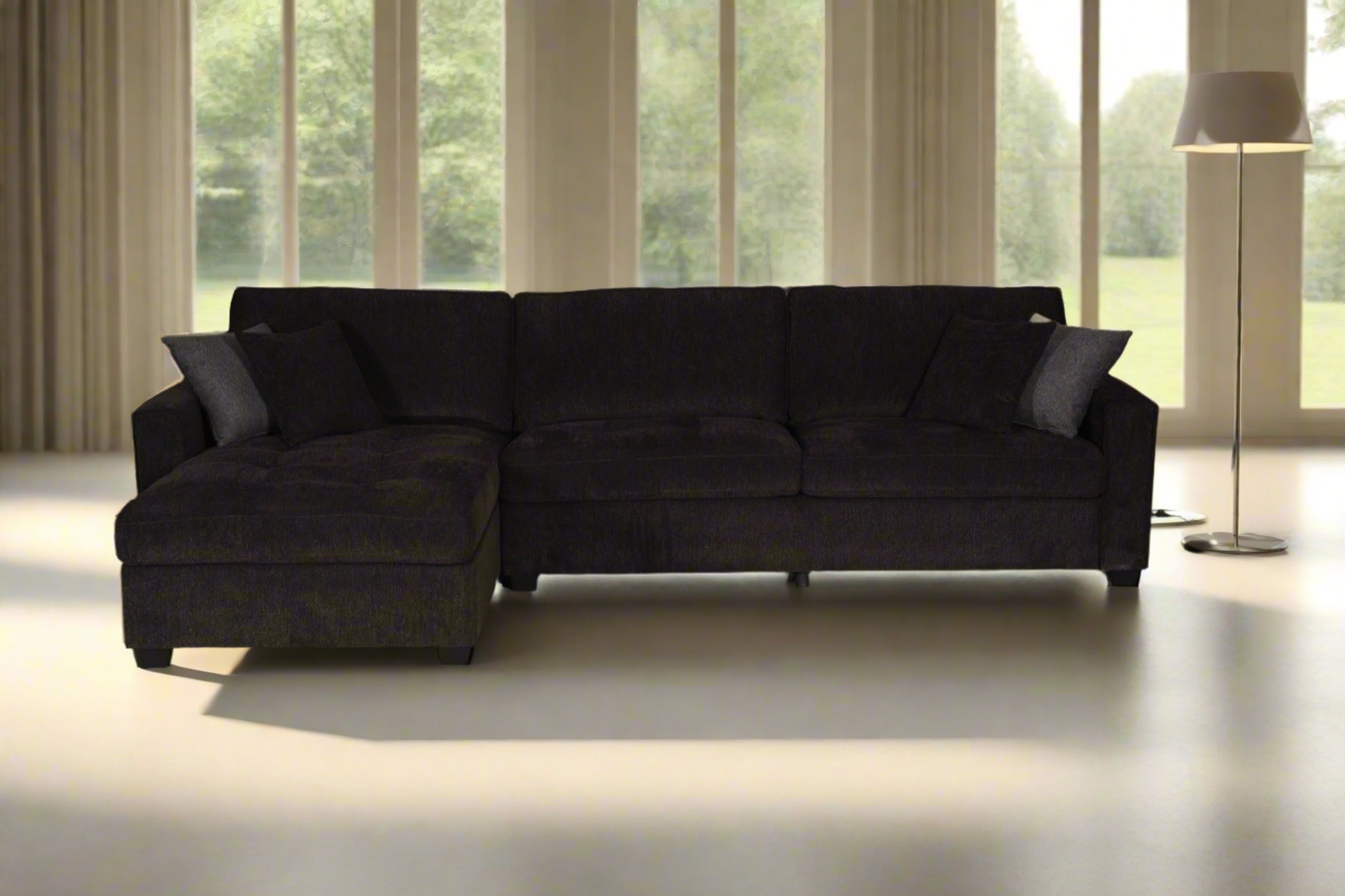 Chenille Sectional Sofa with Reversible Chaise - Tufted, Comfy Couch, Black