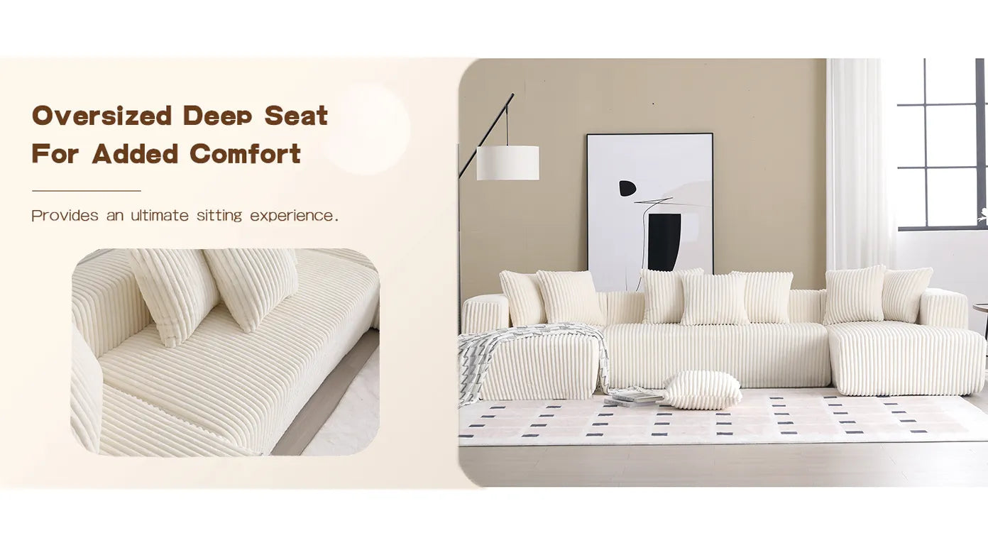 Modular U Shaped Sectional, Corduroy Couch with Double Chaise, White