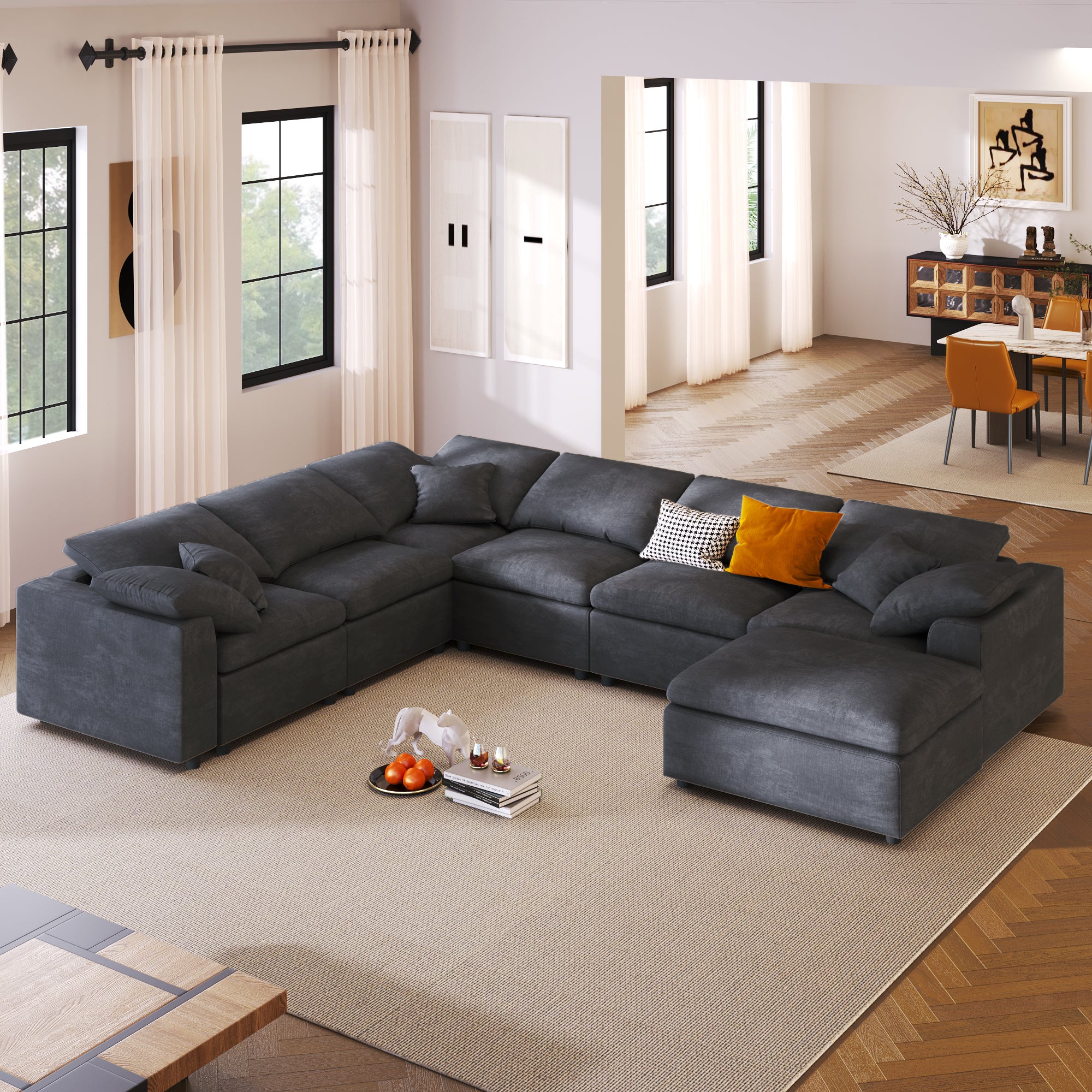 Large Modular Couch, U Shaped Sectional Sofa with Ottoman, Grey
