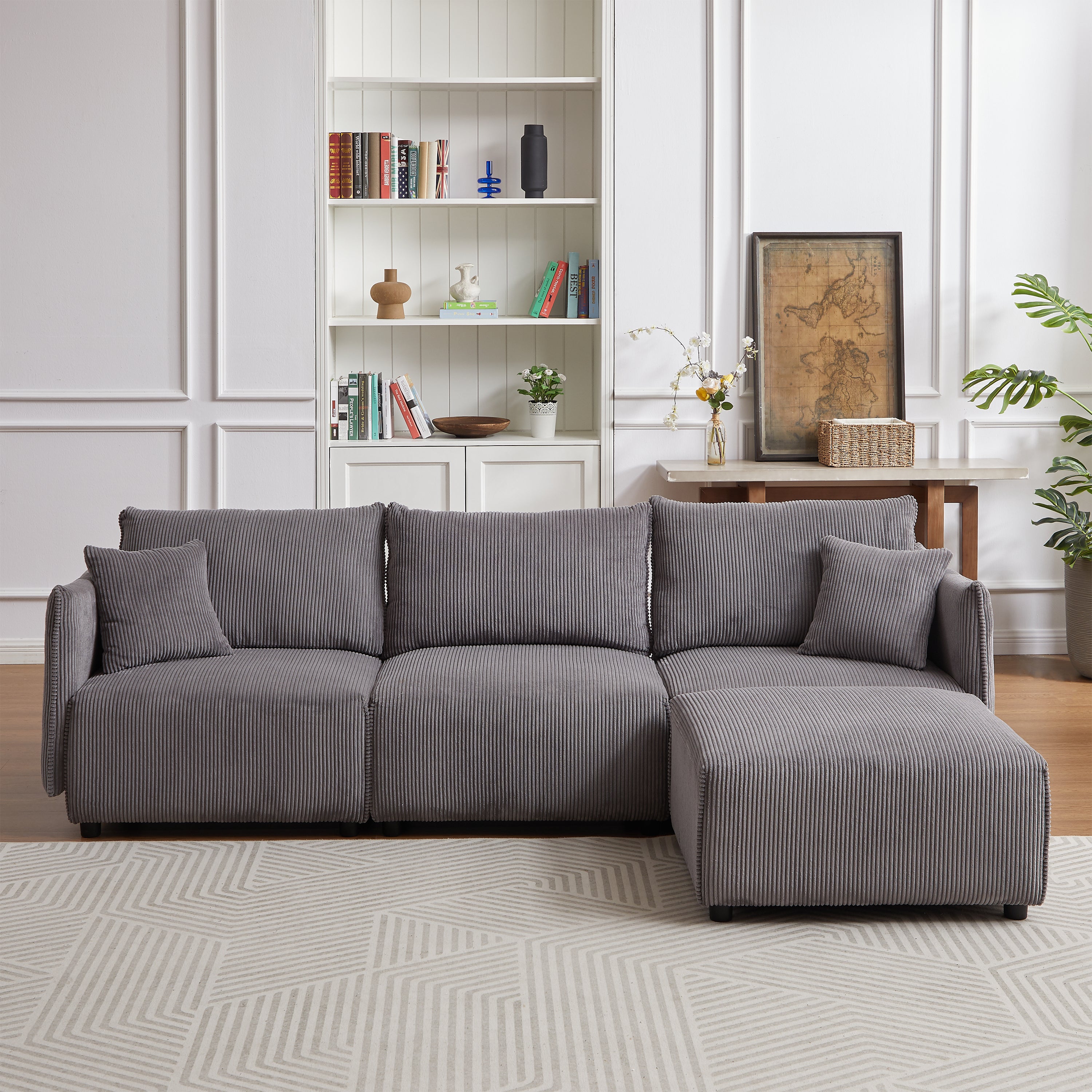 L Shape Modular Sectional Sofa, Corduroy Couch with Ottoman - Gray