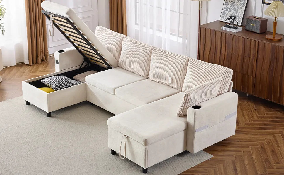 Corduroy Couch with Chaise Sleeper, Sectional Sofa Pull-Out, Beige