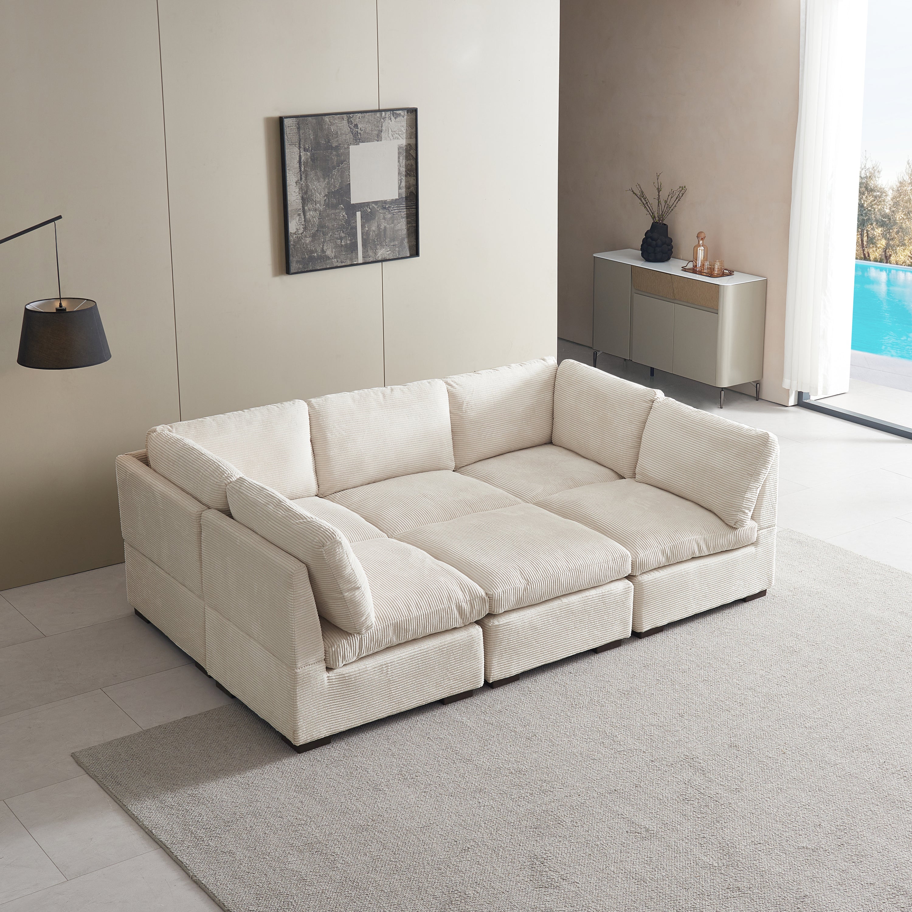L-Shaped Couch, 6-Seat Corduroy Sofa, Couch with Ottoman, Beige