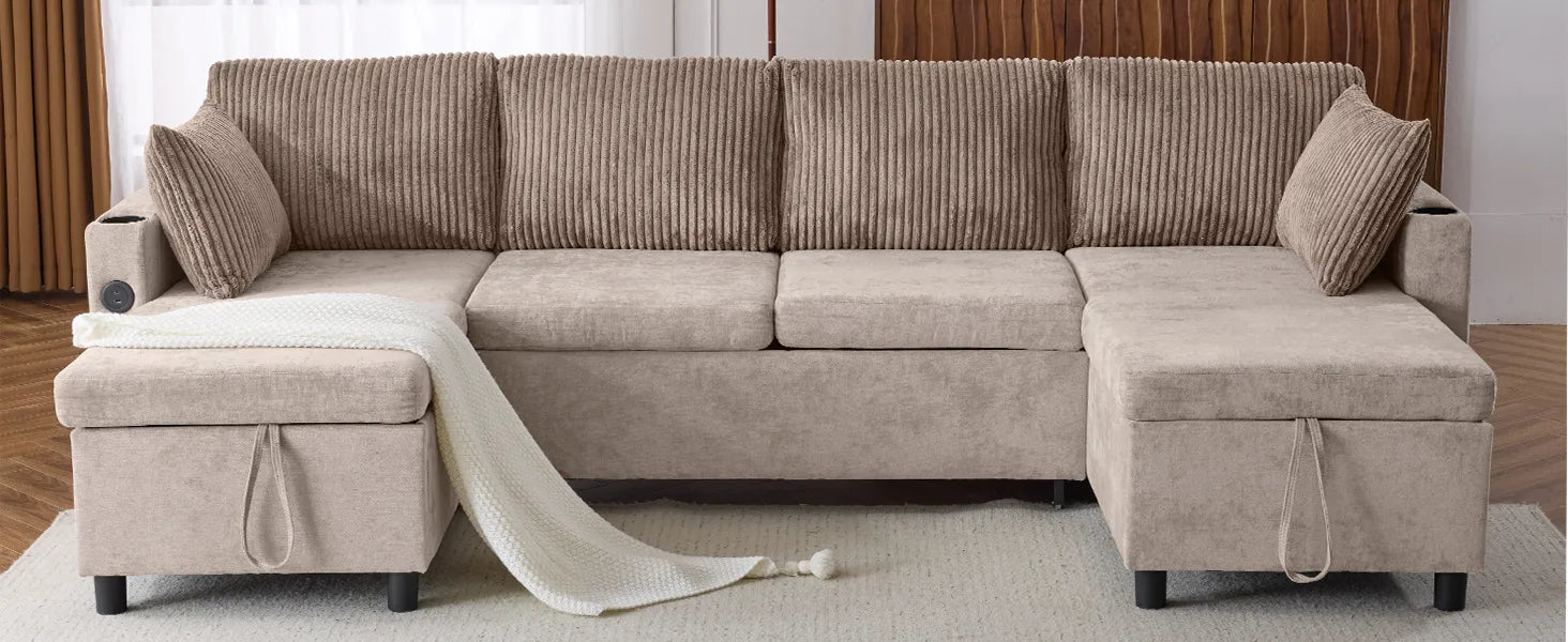 Corduroy Couch with Chaise Sleeper, Sectional Sofa Pull-Out, Brown