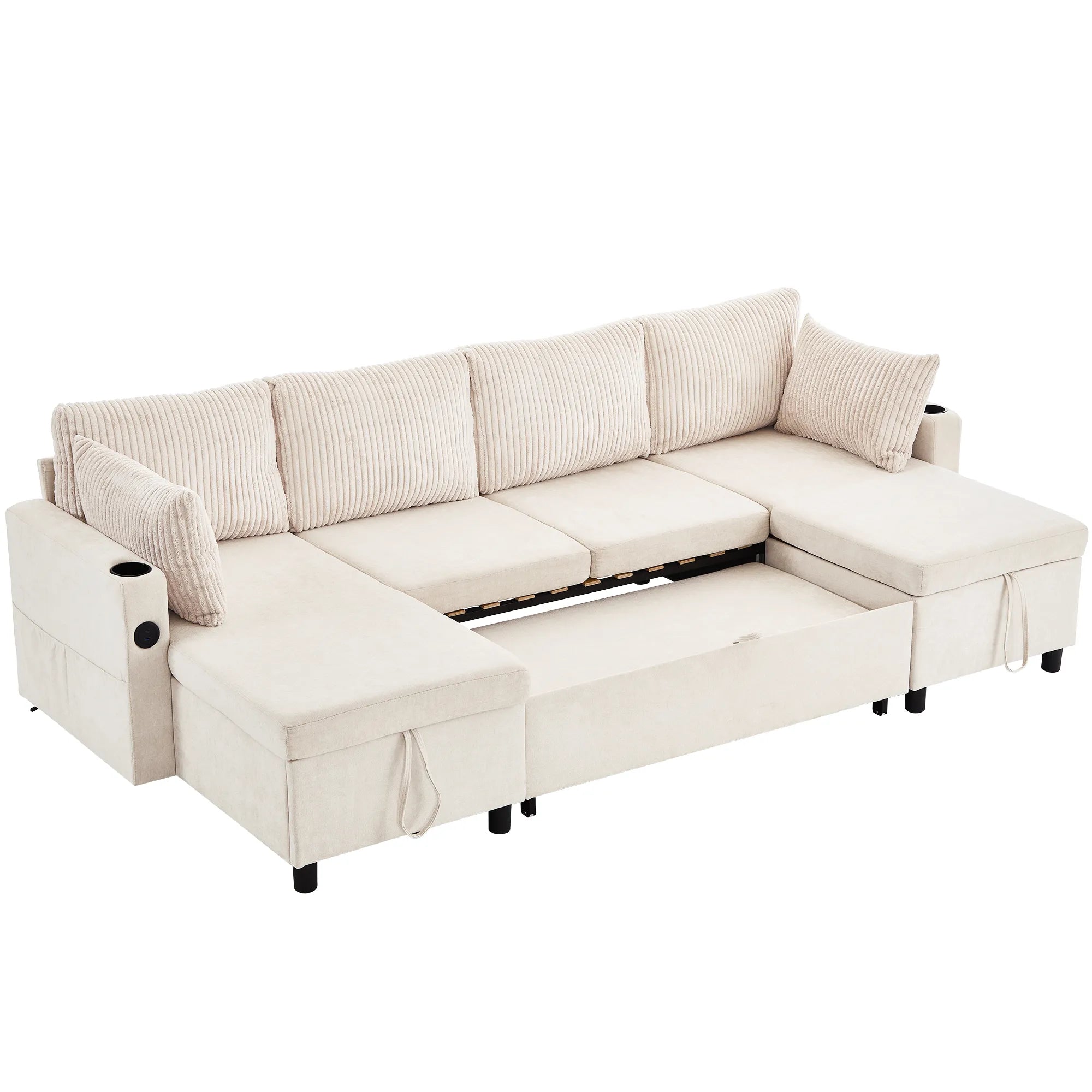 Corduroy Couch with Chaise Sleeper, Sectional Sofa Pull-Out, Beige