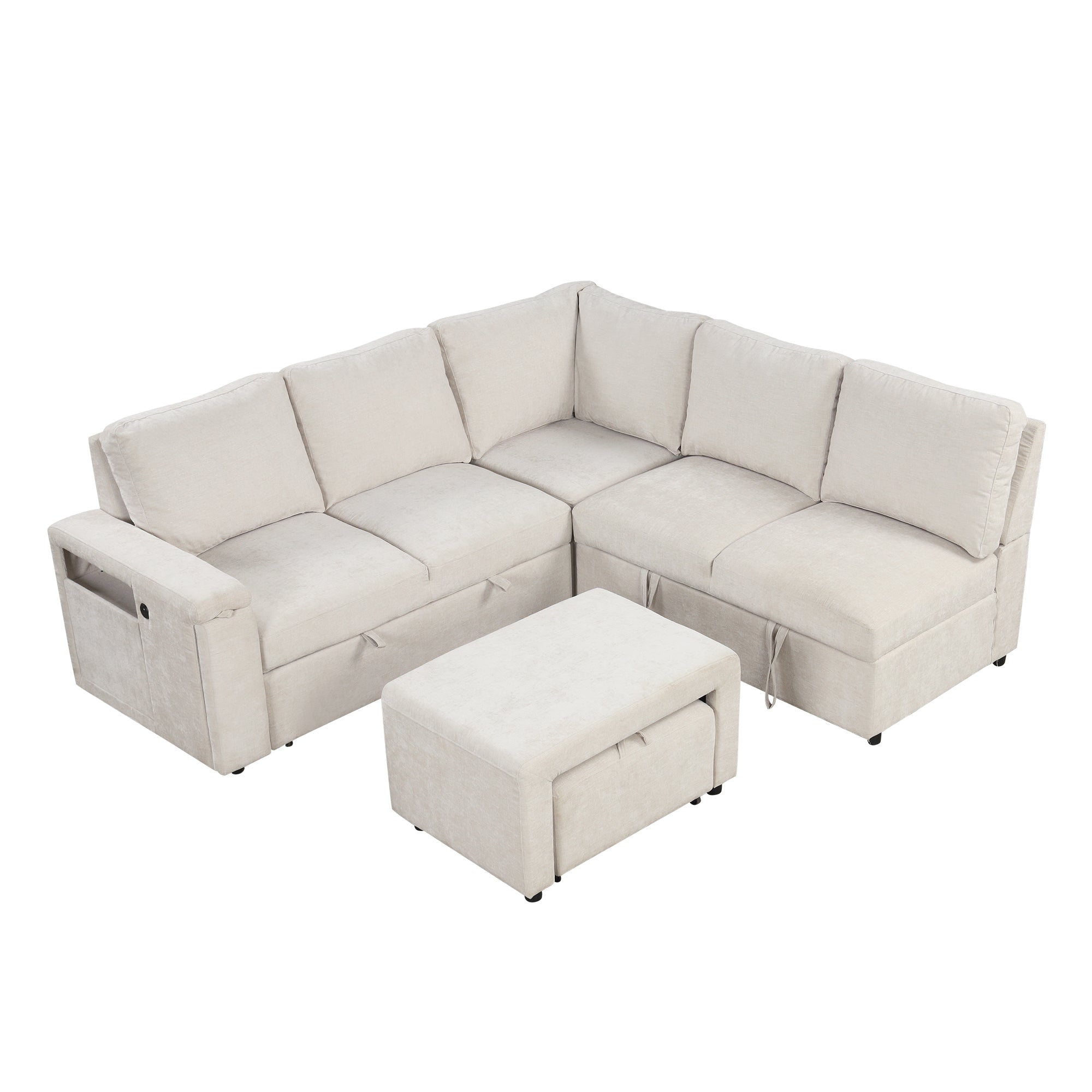 Sleeper Sectional, Sofa L Shape, Couch with Ottoman and Storage, Beige