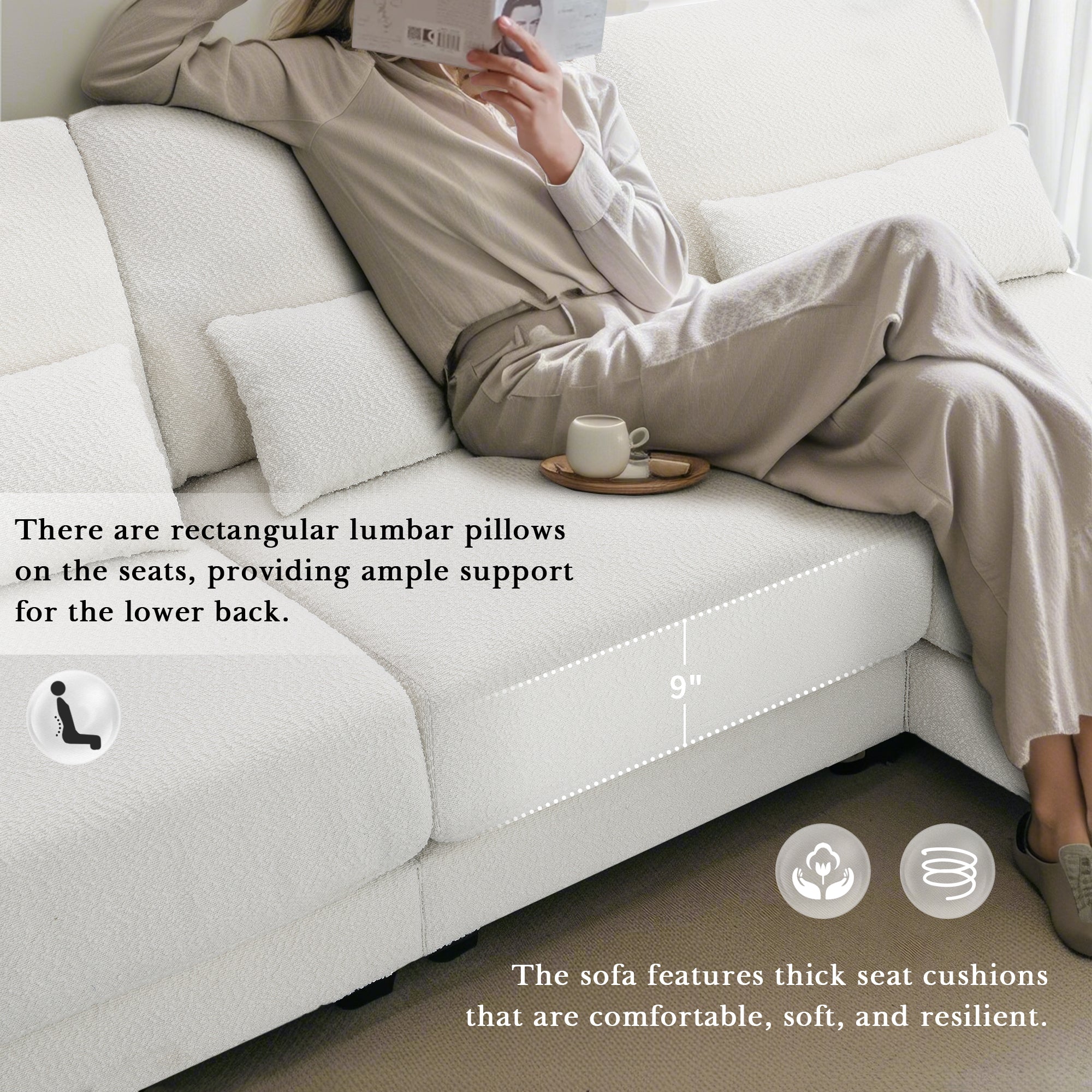 L Shape Couch, Deep Seat Sectional Sofa with Reversible Chaise, Cream