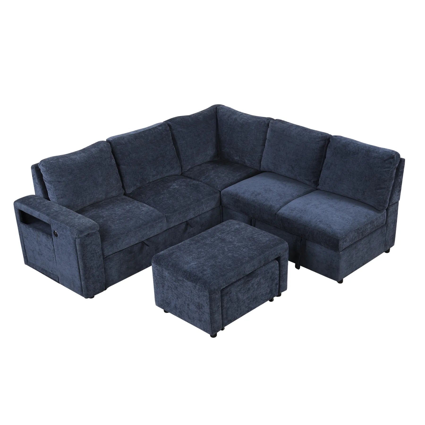Sleeper Sectional, Sofa L Shape, Couch with Ottoman and Storage, Blue