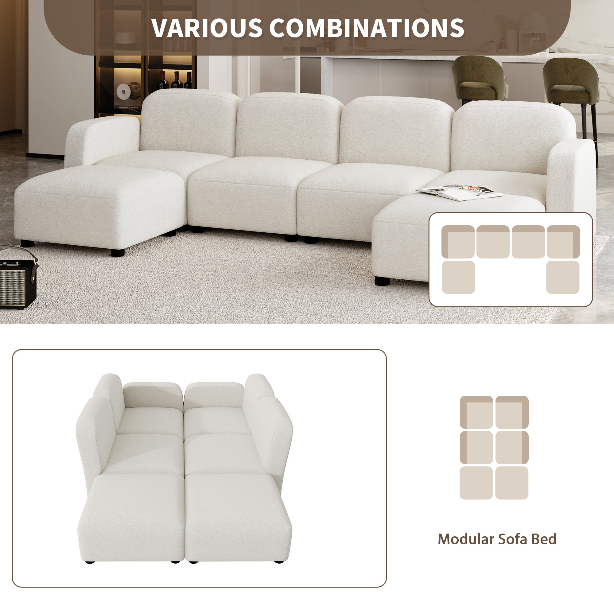 Modern U Shaped Sectional, Modular Comfy Couch with Ottoman, Beige