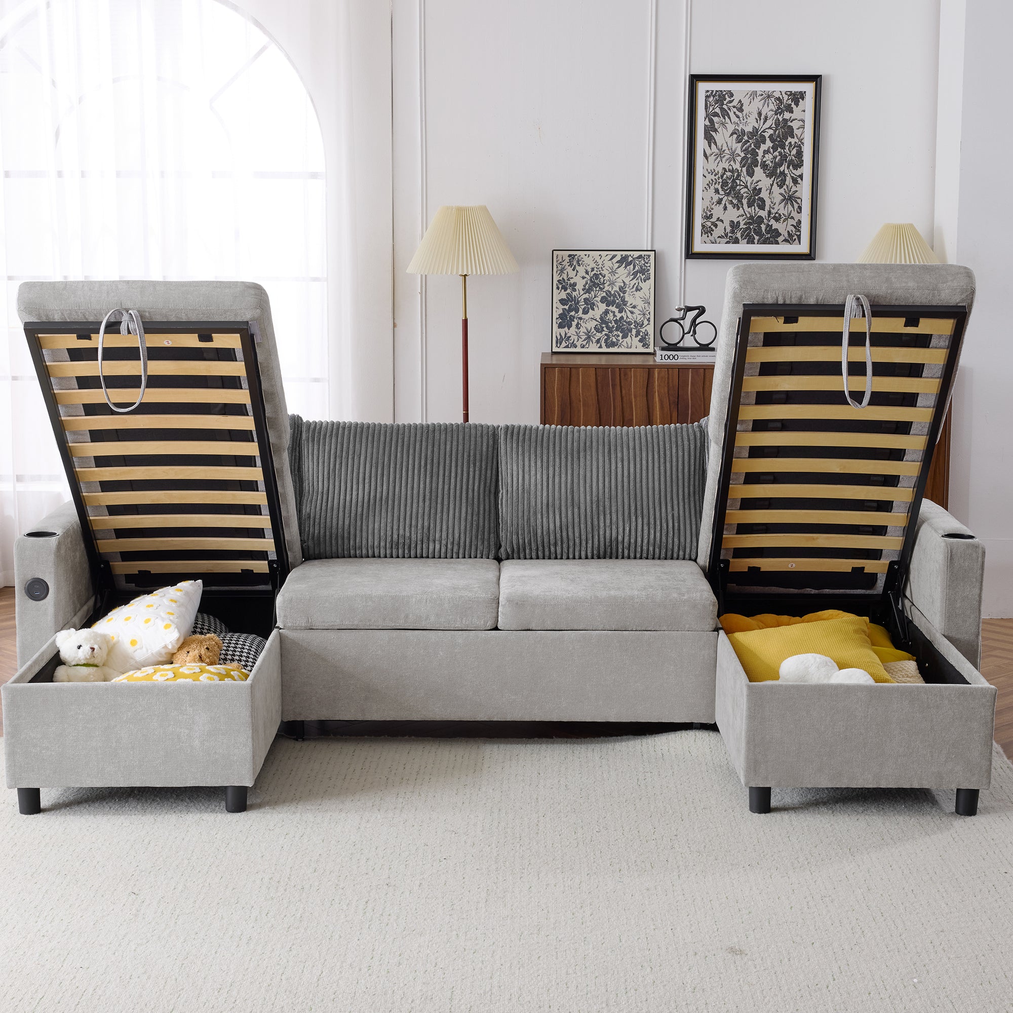 Corduroy Couch with Chaise Sleeper, Sectional Sofa Pull-Out, Grey