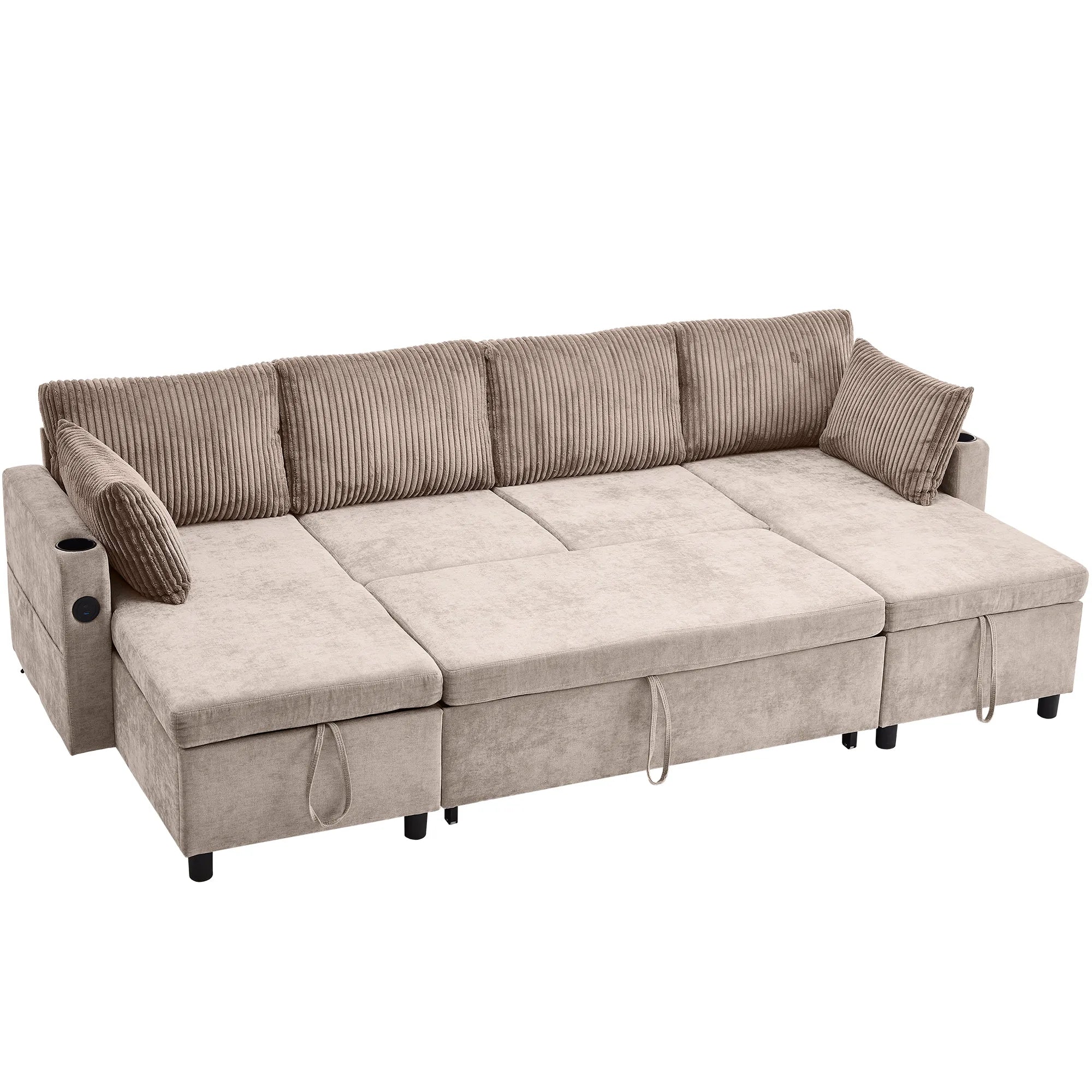Corduroy Couch with Chaise Sleeper, Sectional Sofa Pull-Out, Brown