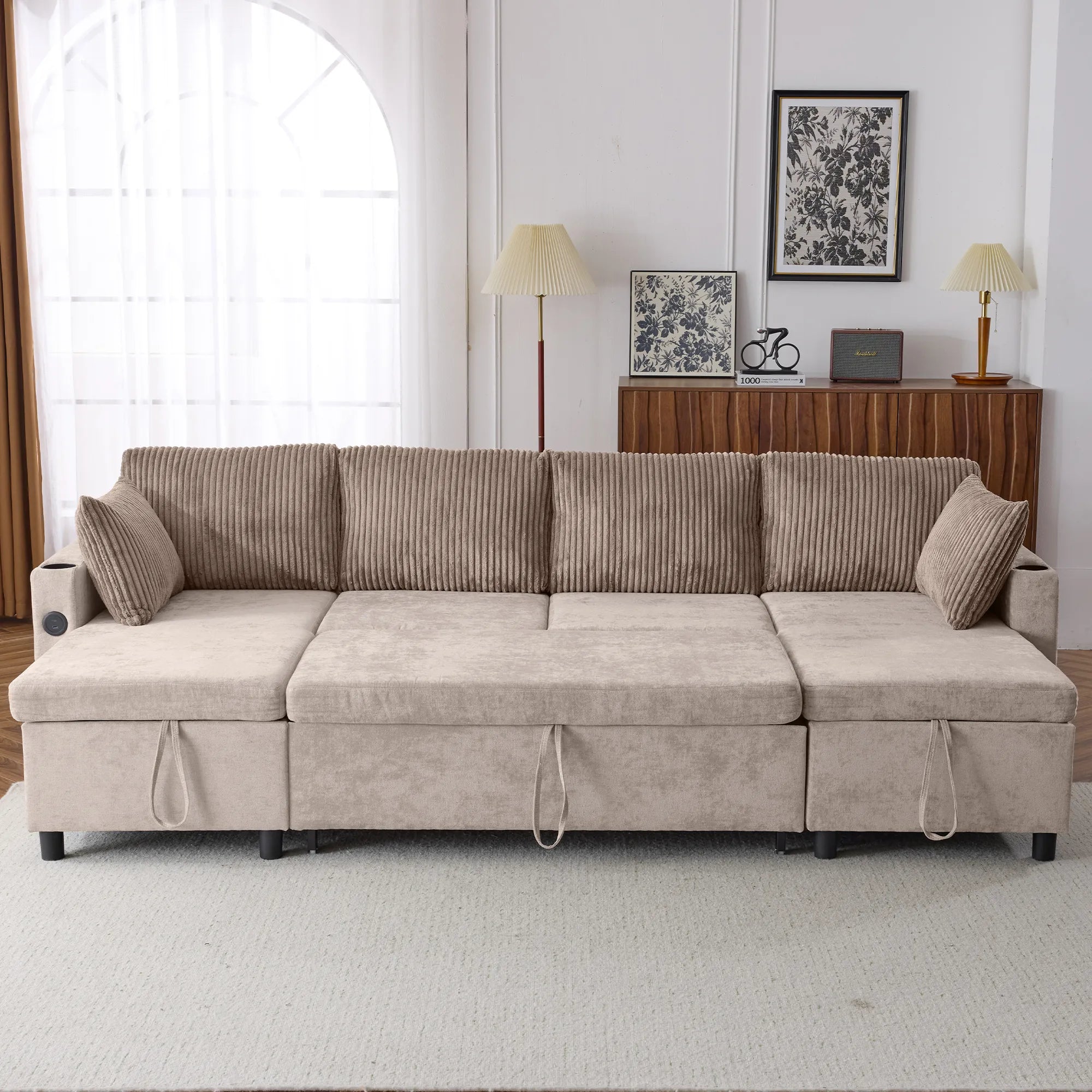 Corduroy Couch with Chaise Sleeper, Sectional Sofa Pull-Out, Brown