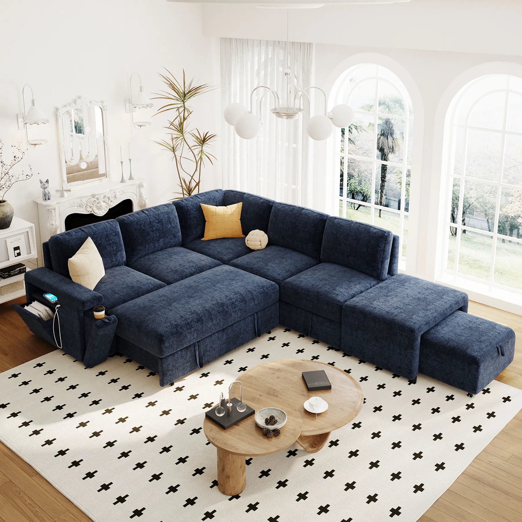 Sleeper Sectional, Sofa L Shape, Couch with Ottoman and Storage, Blue