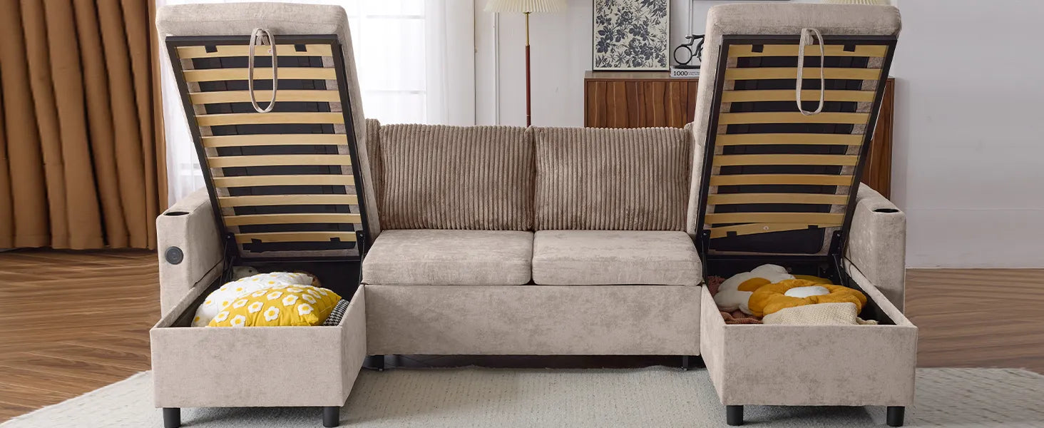 Corduroy Couch with Chaise Sleeper, Sectional Sofa Pull-Out, Brown