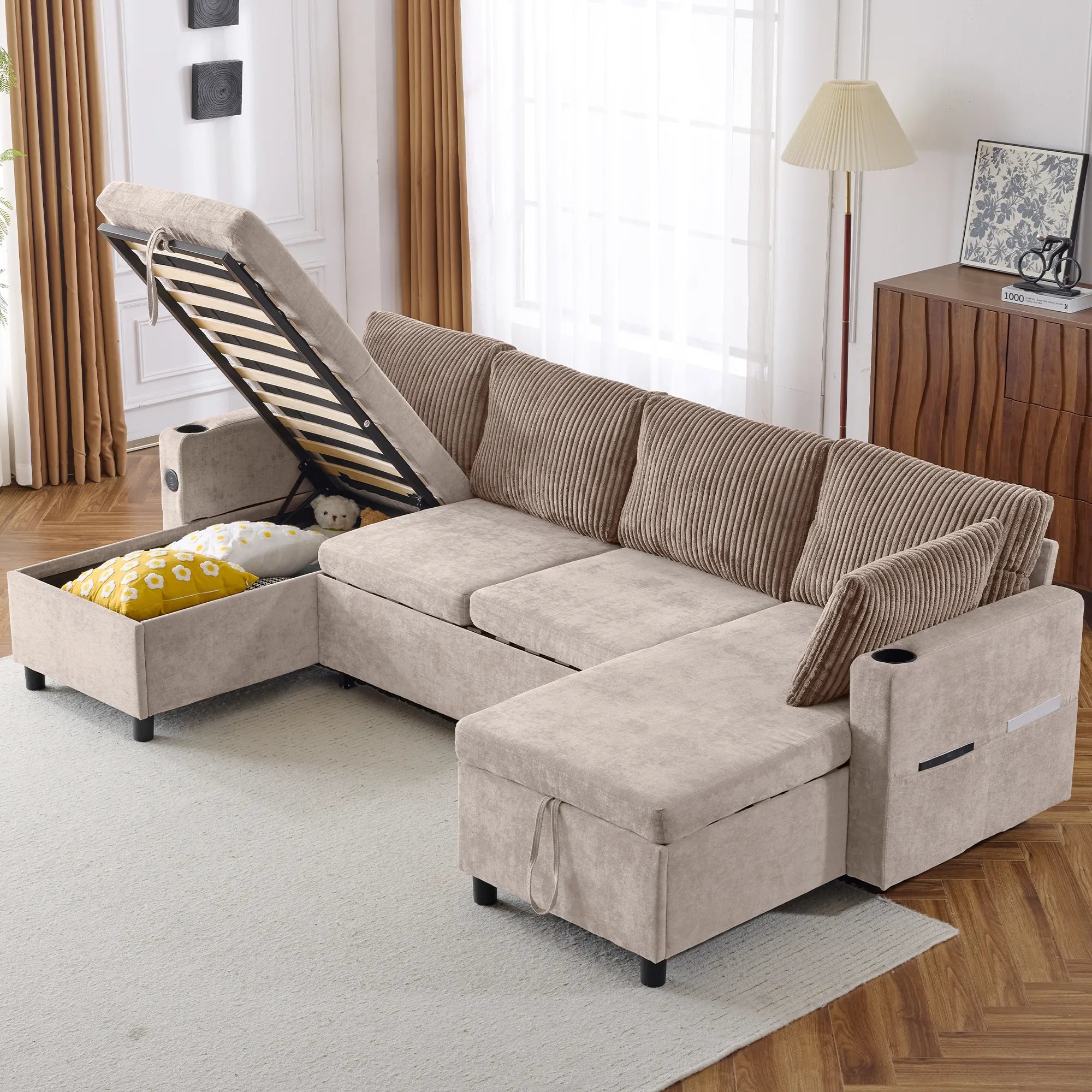 Corduroy Couch with Chaise Sleeper, Sectional Sofa Pull-Out, Brown