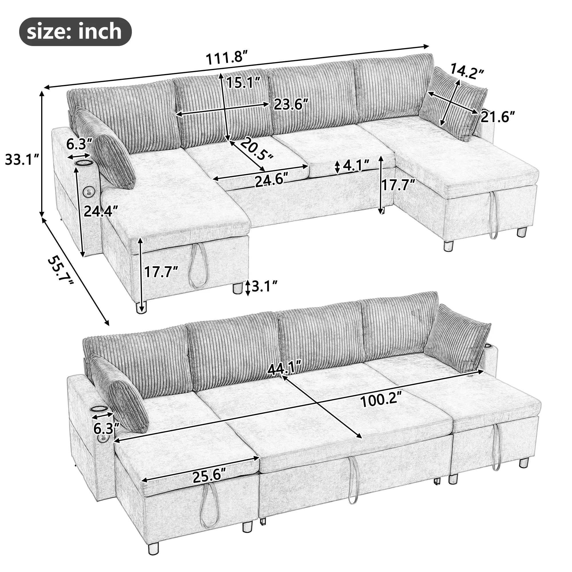 Corduroy Couch with Chaise Sleeper, Sectional Sofa Pull-Out, Beige