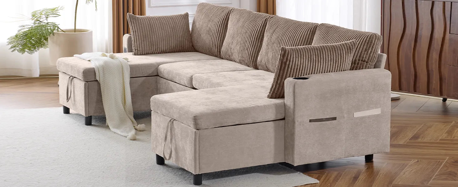 Corduroy Couch with Chaise Sleeper, Sectional Sofa Pull-Out, Brown