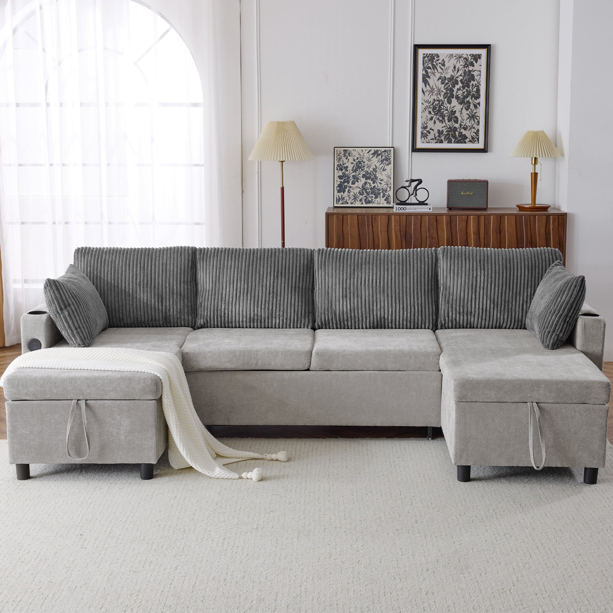 Corduroy Couch with Chaise Sleeper, Sectional Sofa Pull-Out, Grey
