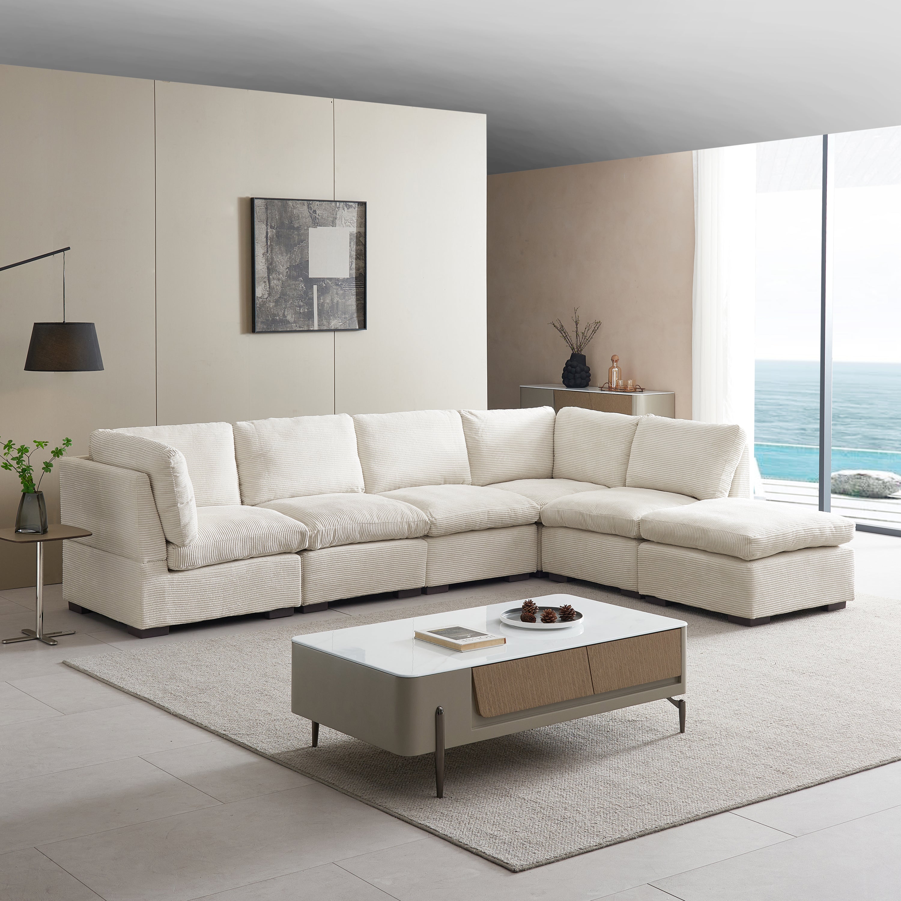 L-Shaped Couch, 6-Seat Corduroy Sofa, Couch with Ottoman, Beige