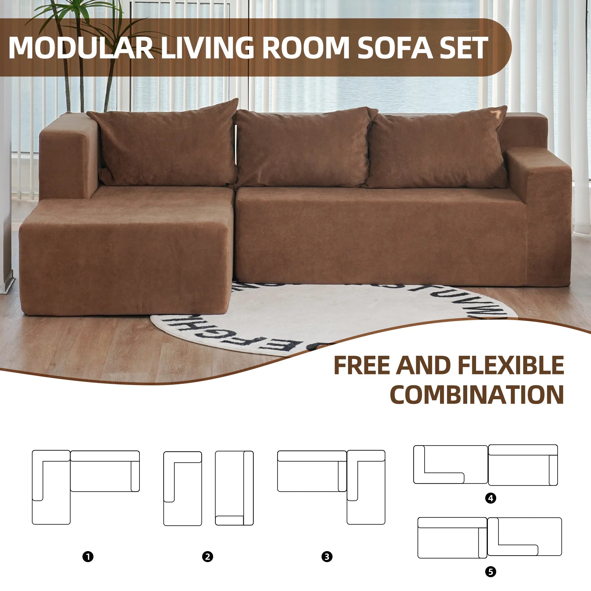 Modular Sofa, L-Shape Sectional Couch with Chaise, Brown