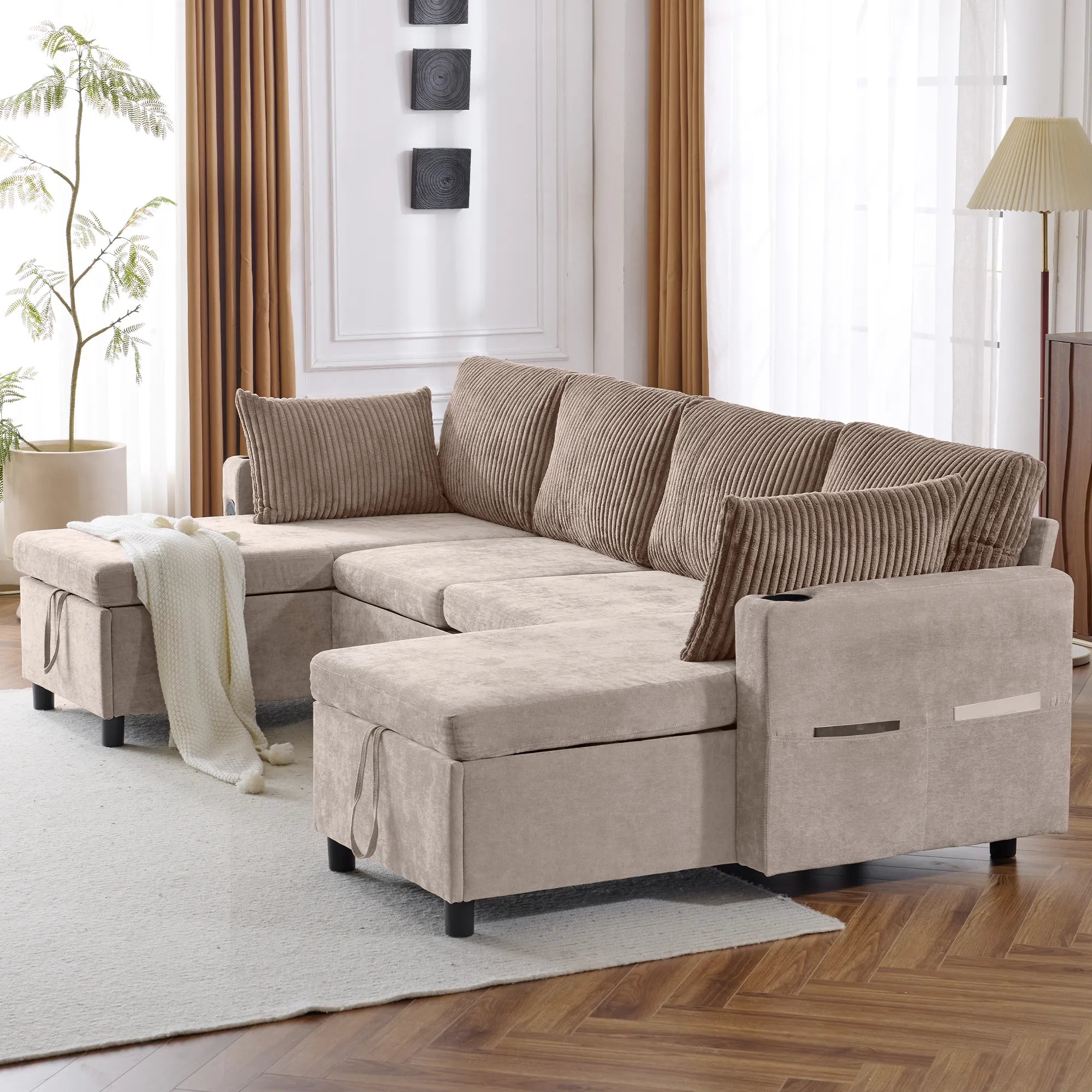 Corduroy Couch with Chaise Sleeper, Sectional Sofa Pull-Out, Brown