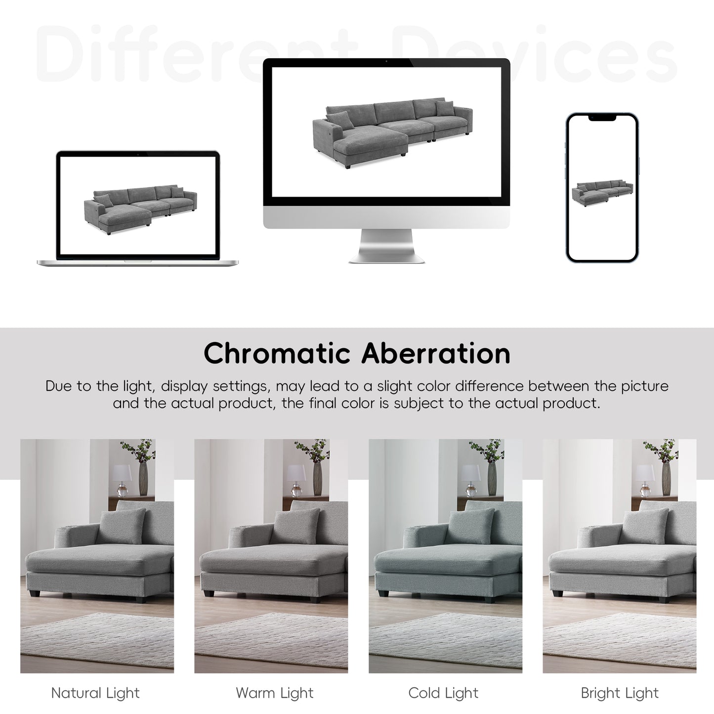 Deep Seat Corduroy Sofa, Large Sectional Couch with Chaise, Gray
