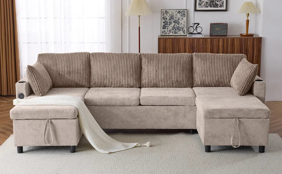 Corduroy Couch with Chaise Sleeper, Sectional Sofa Pull-Out, Brown
