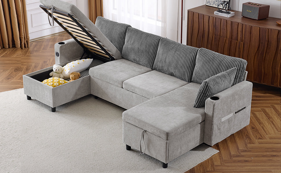 Corduroy Couch with Chaise Sleeper, Sectional Sofa Pull-Out, Grey
