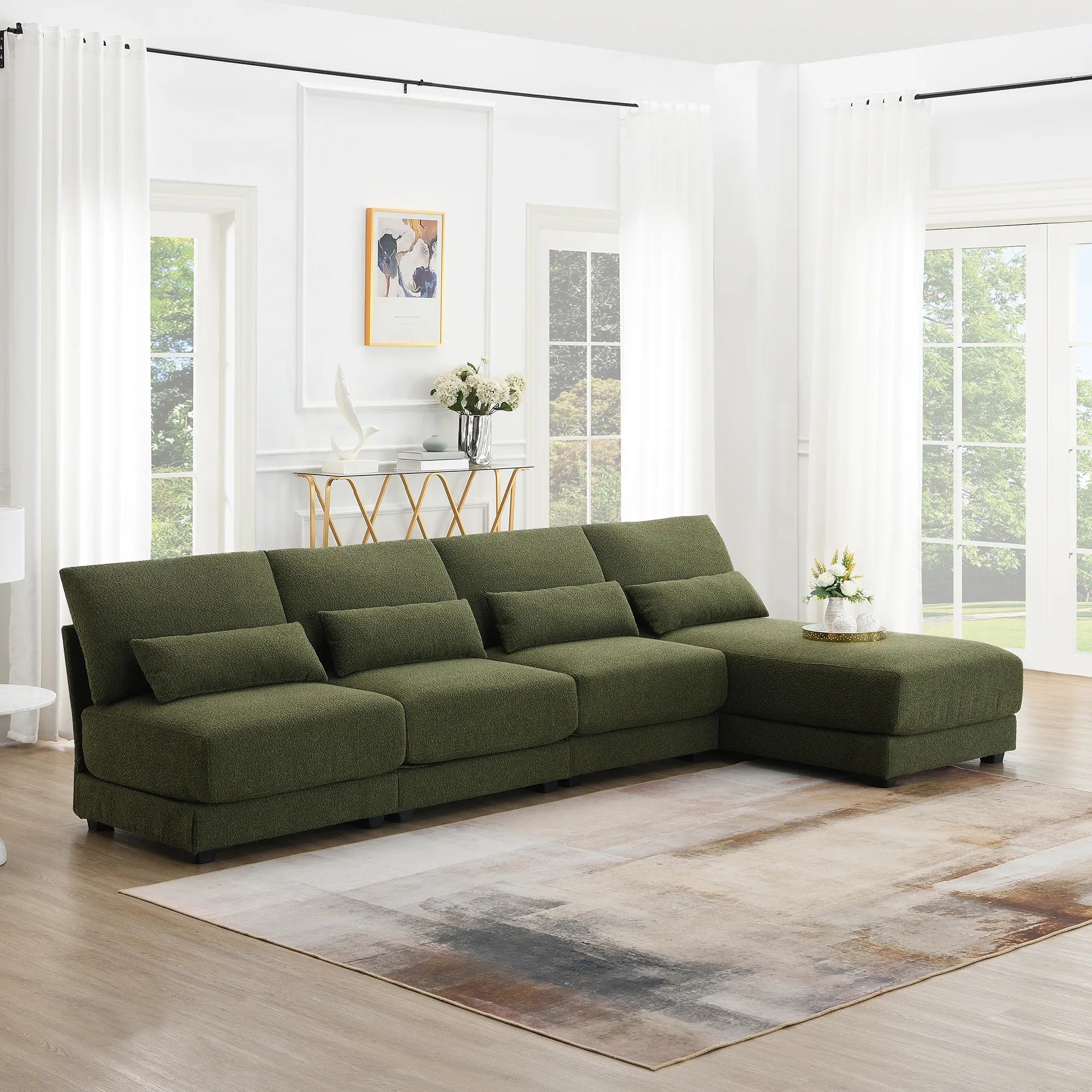 L Shape Couch, Deep Seat Sectional Sofa with Reversible Chaise, Green