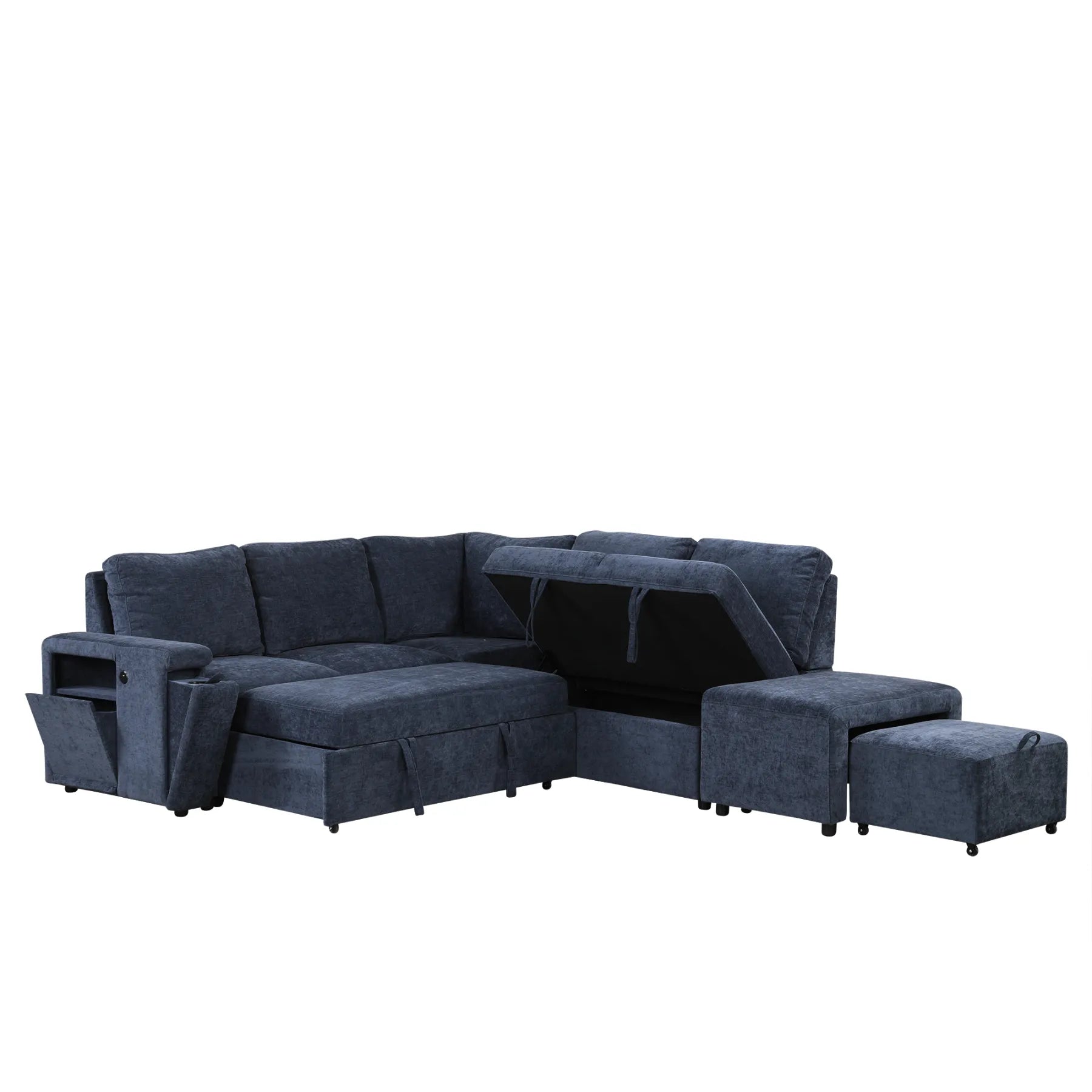 Sleeper Sectional, Sofa L Shape, Couch with Ottoman and Storage, Blue