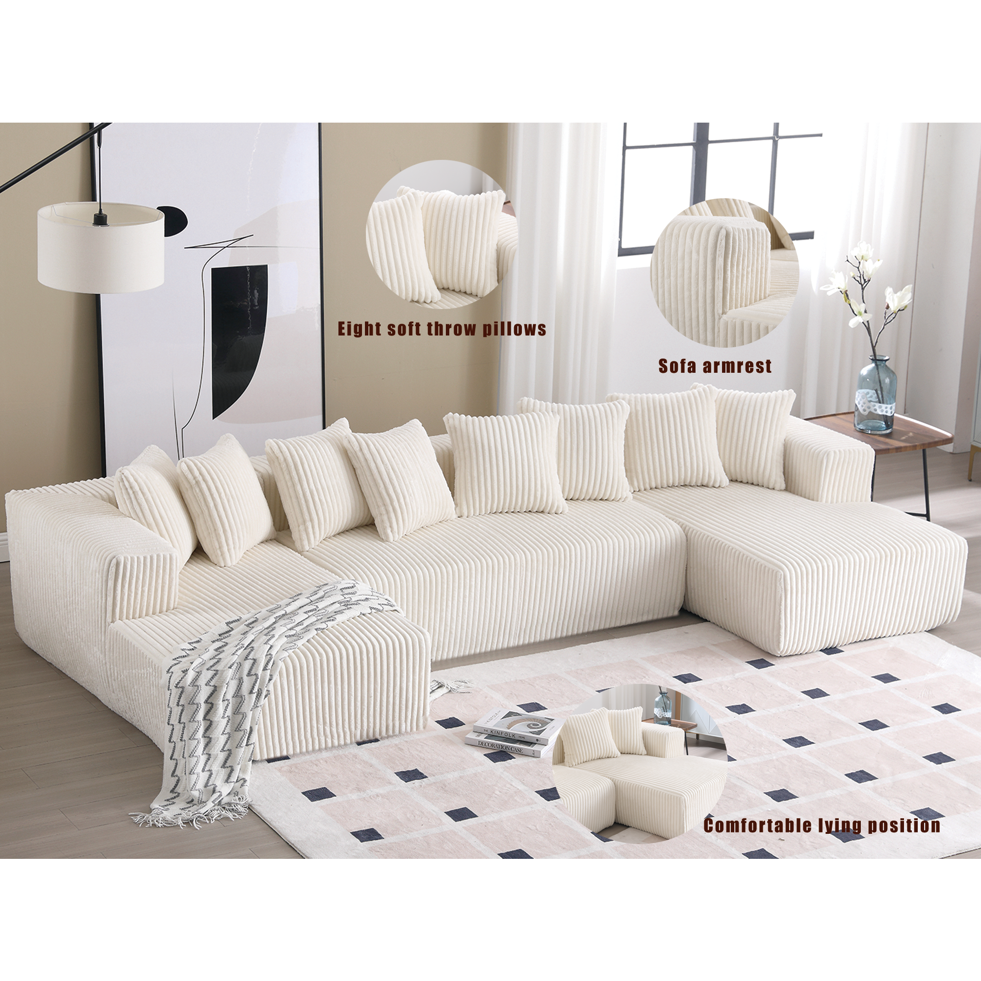 Modular U Shaped Sectional, Corduroy Couch with Double Chaise, White