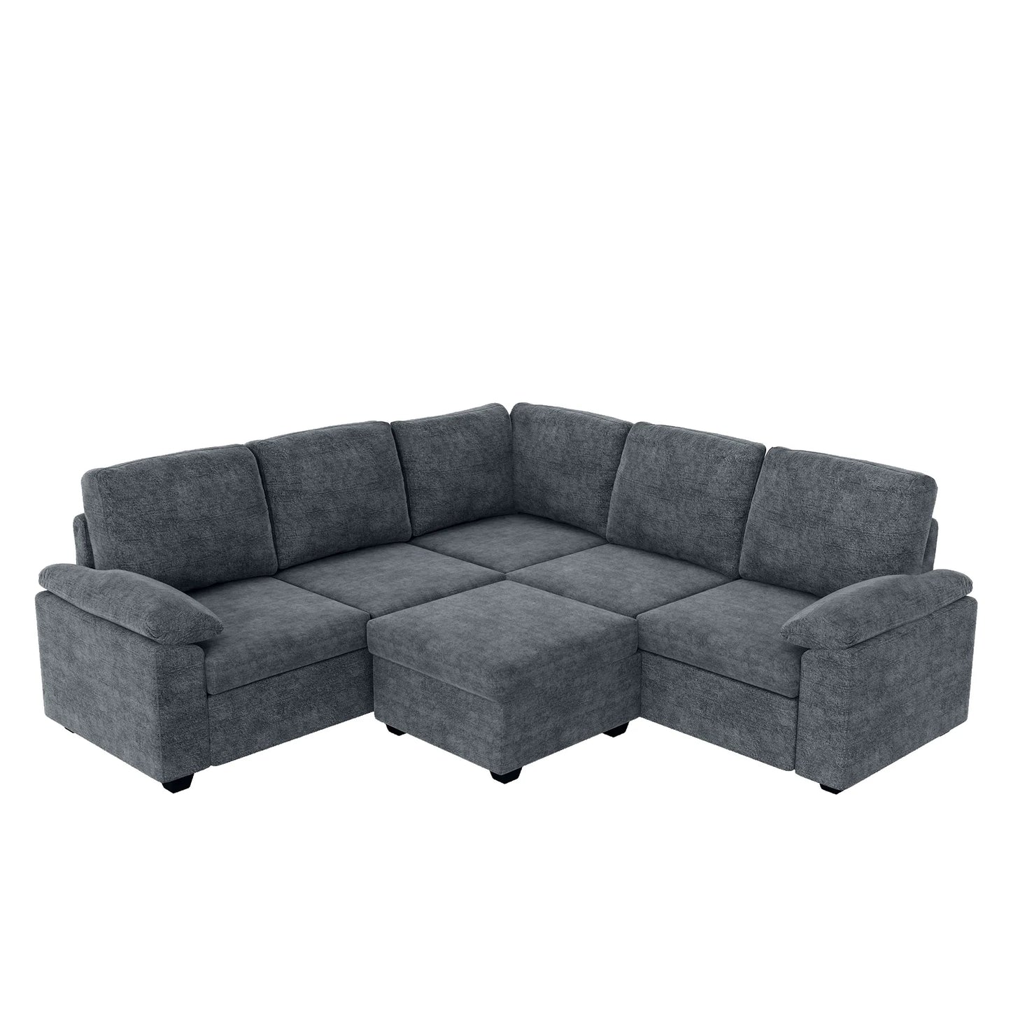 Modern L-Shape Velvet Sectional Sofa, Corner Couch with Ottoman, Grey
