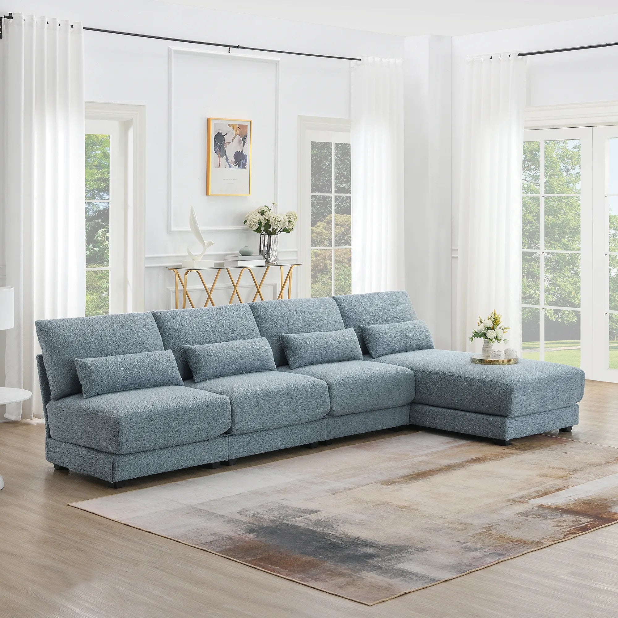 L Shape Couch, Deep Seat Sectional Sofa with Reversible Chaise, Blue