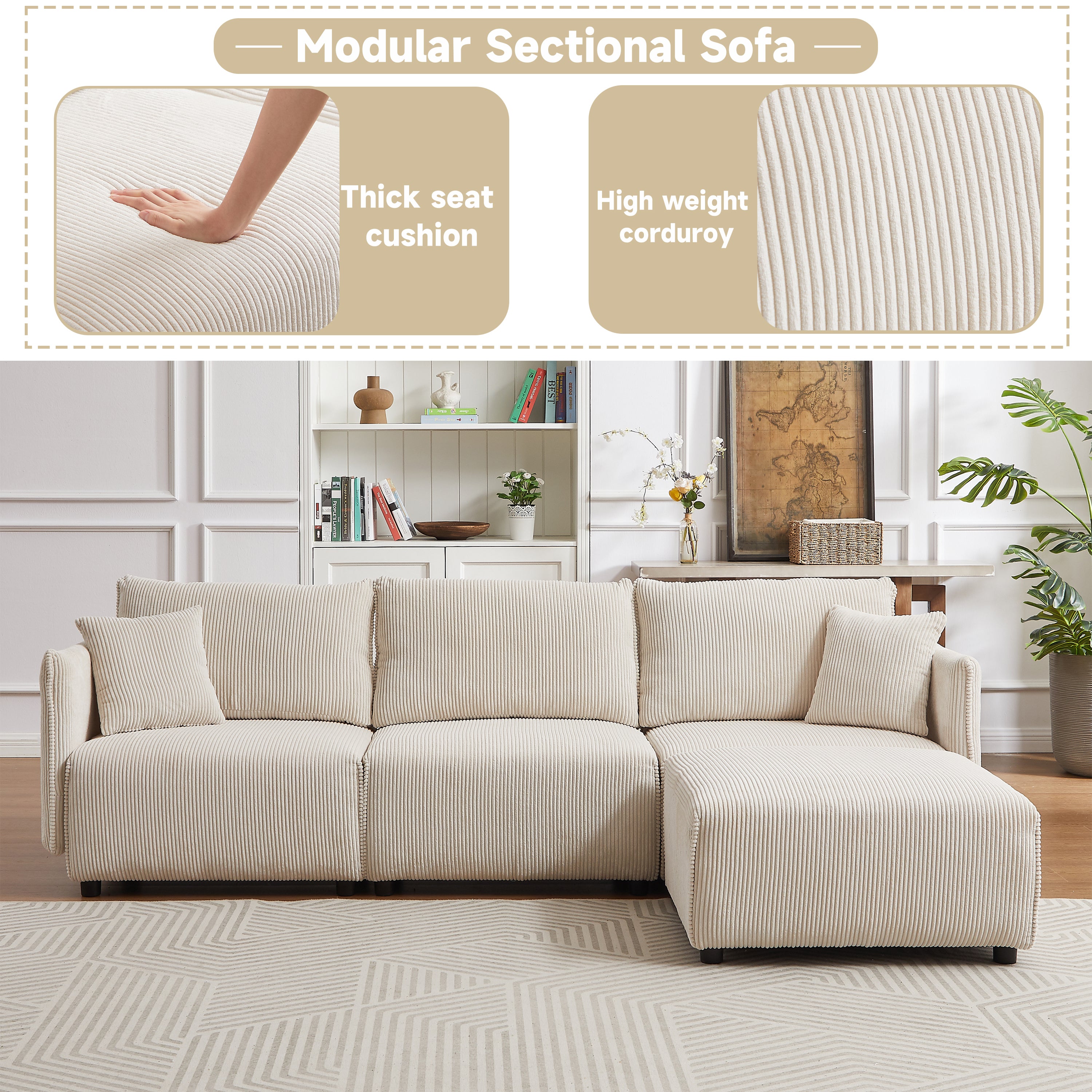 L Shape Modular Sectional Sofa, Corduroy Couch with Ottoman - Beige