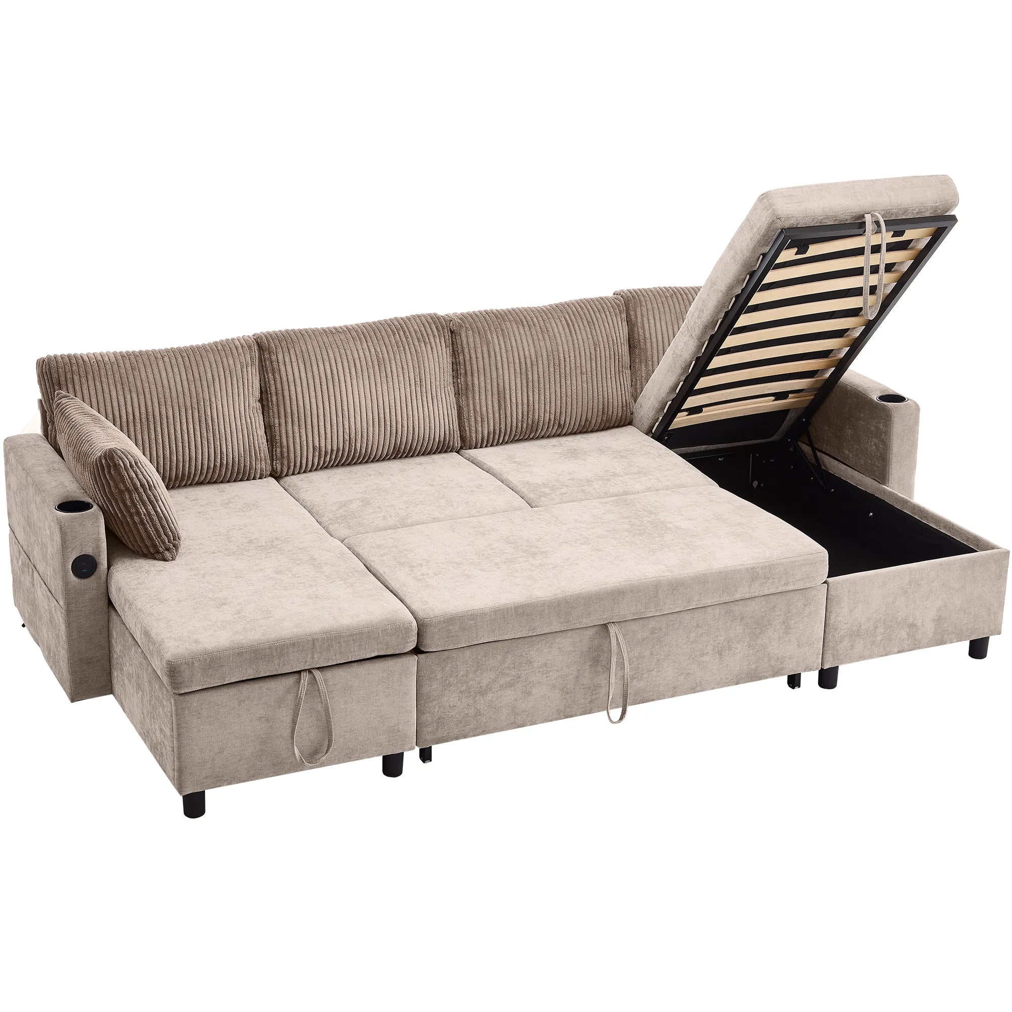 Corduroy Couch with Chaise Sleeper, Sectional Sofa Pull-Out, Brown