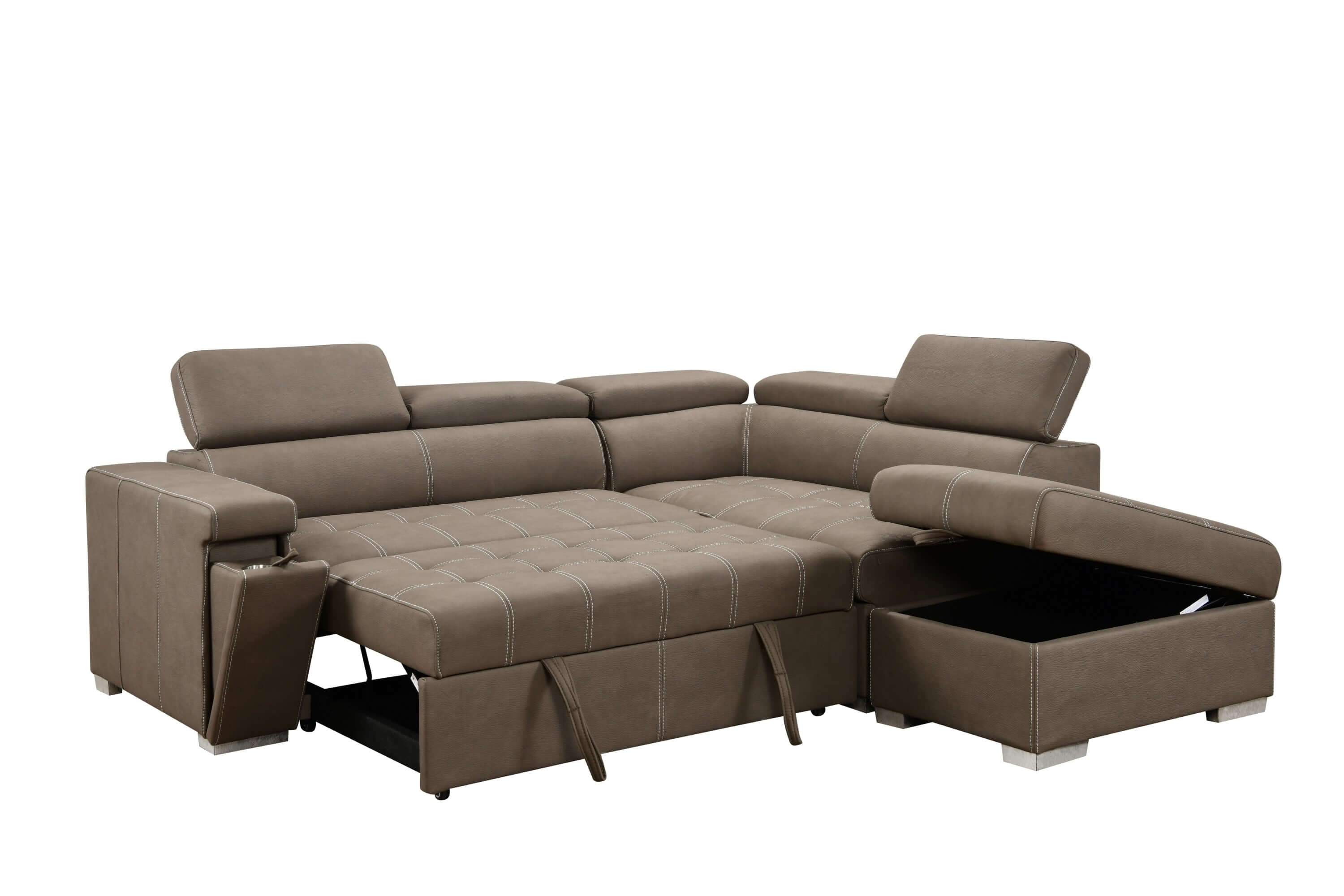 Louie L-Shaped Sofa Bed, Convertible Couch Pullout with Storage Chaise and Adjustable Headrest - Brown