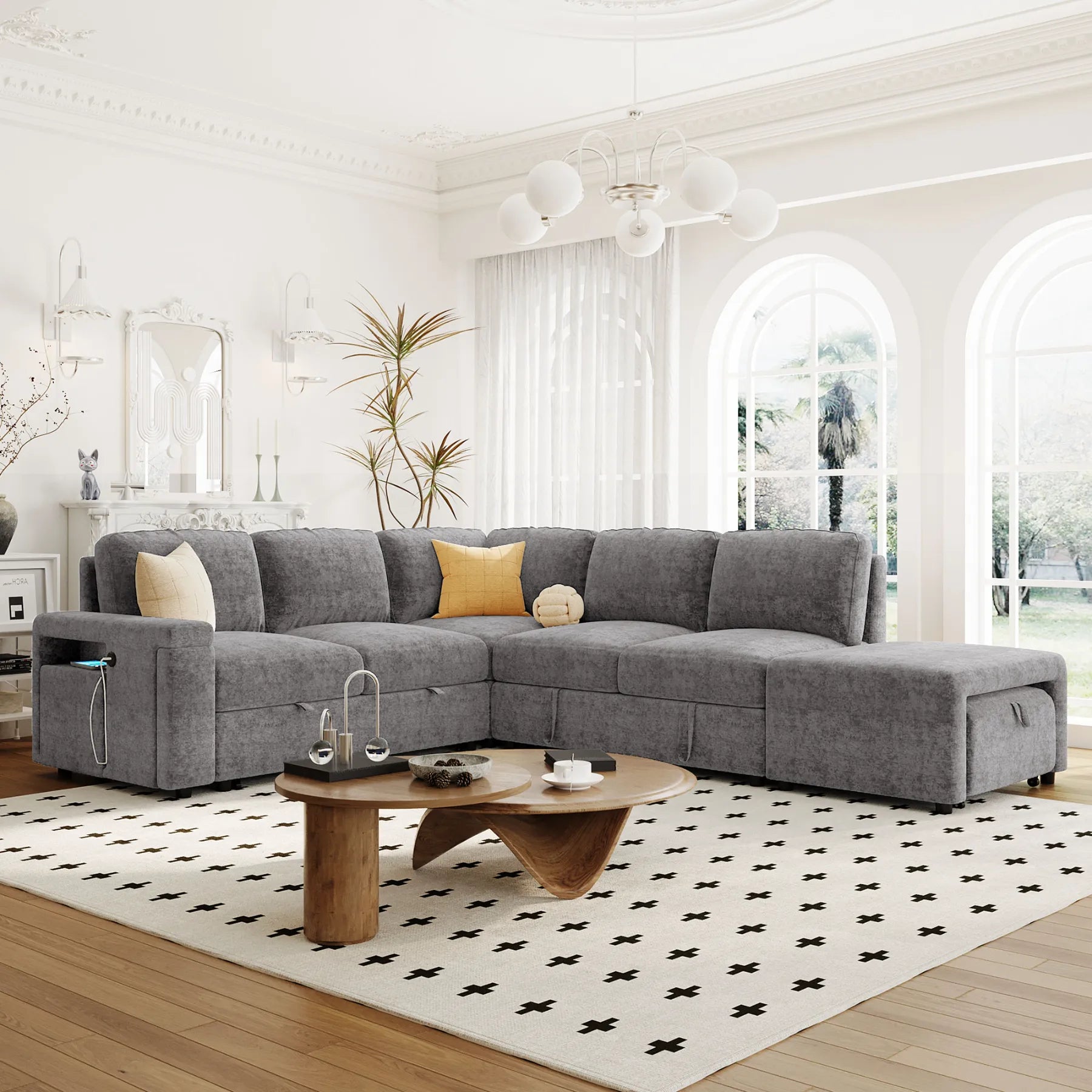 Sleeper Sectional, Sofa L Shape, Couch with Ottoman and Storage, Gray