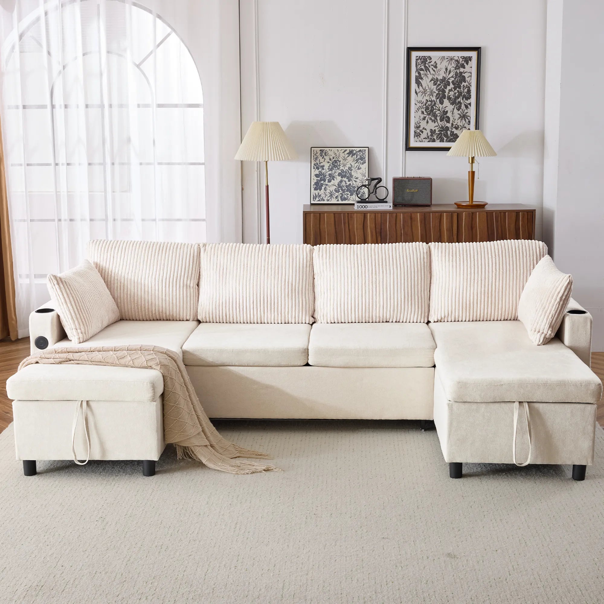 Corduroy Couch with Chaise Sleeper, Sectional Sofa Pull-Out, Beige