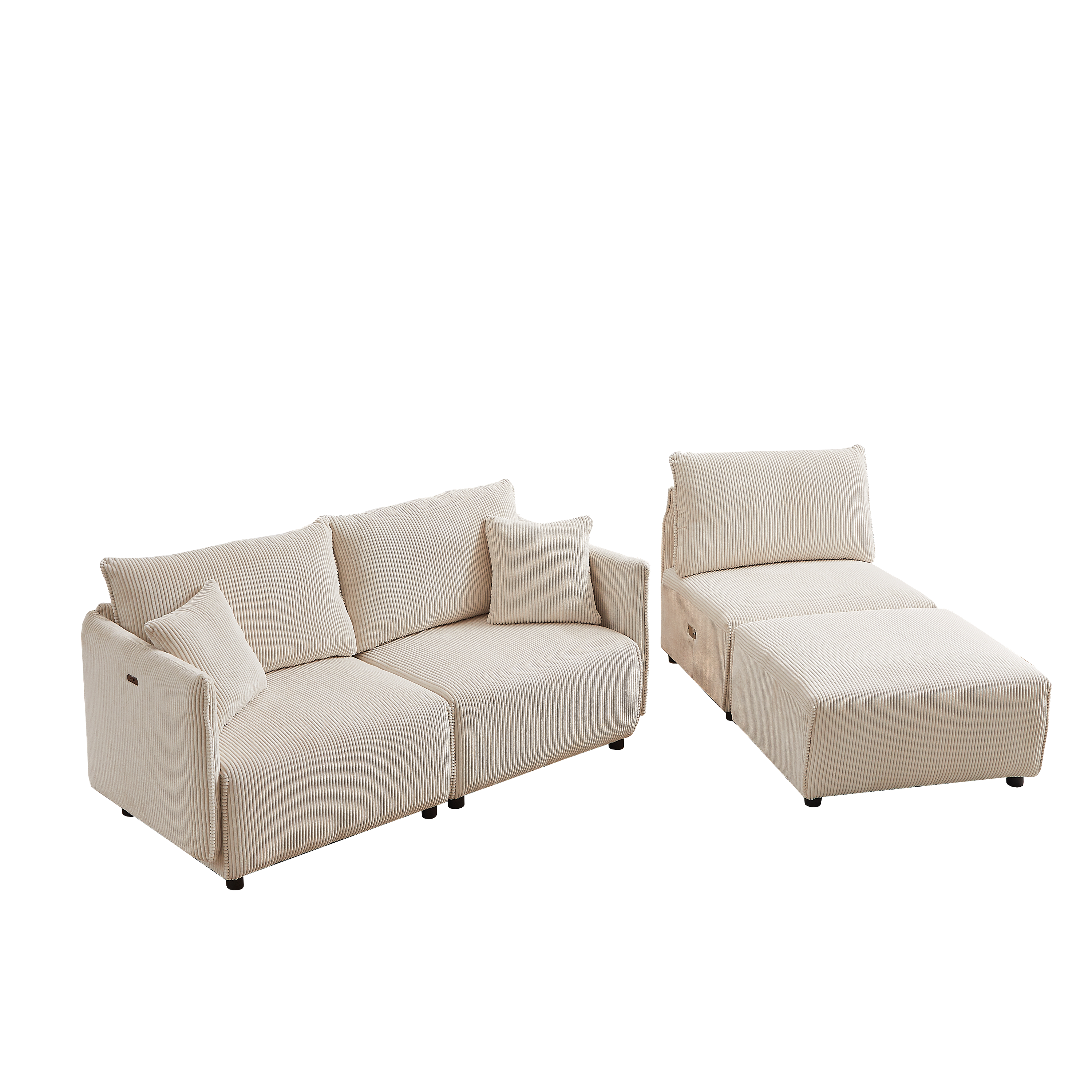 L Shape Modular Sectional Sofa, Corduroy Couch with Ottoman - Beige